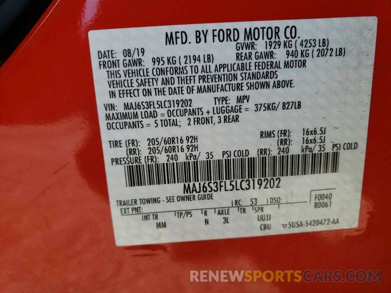 10 Photograph of a damaged car MAJ6S3FL5LC319202 FORD ECOSPORT 2020