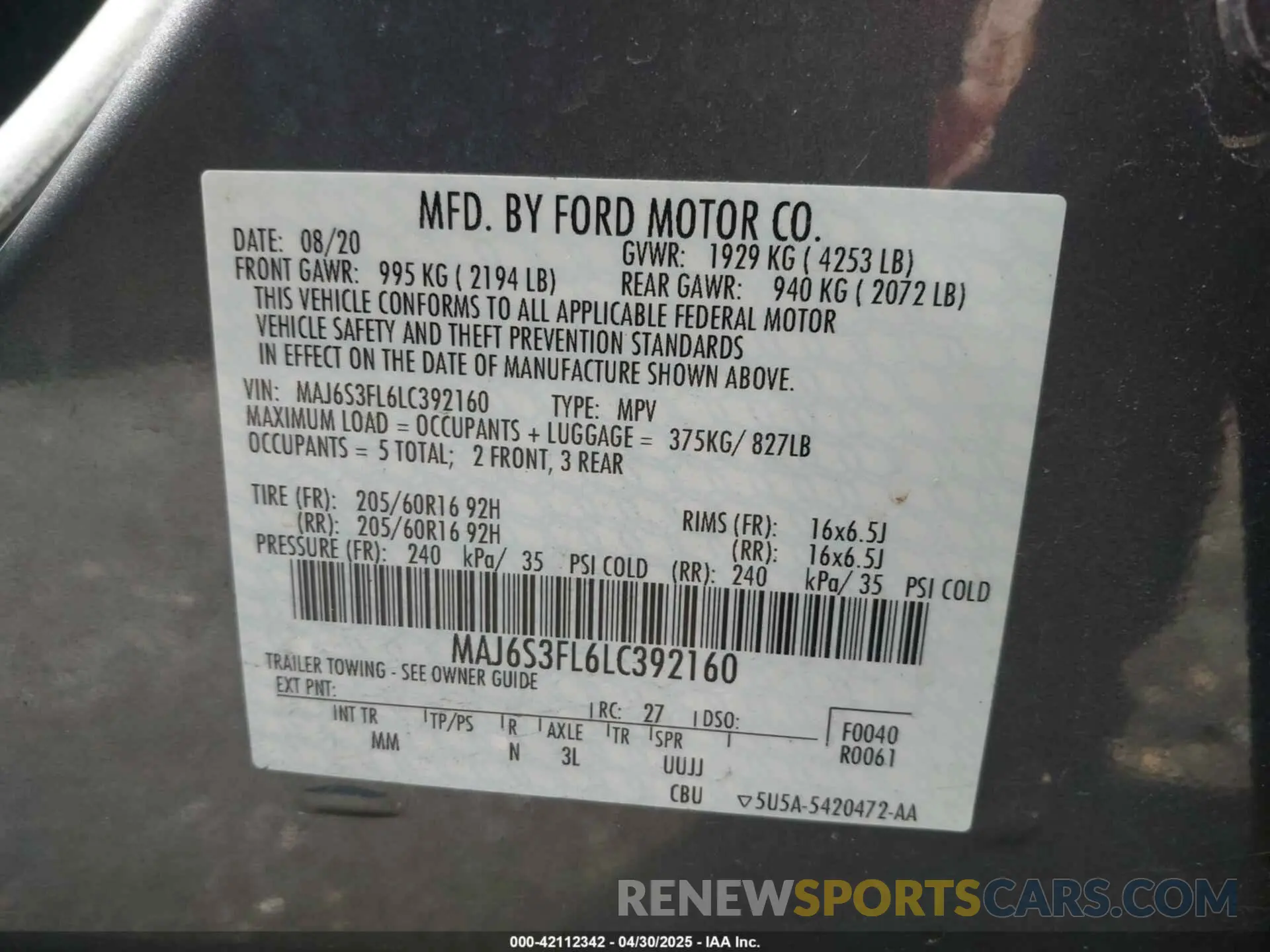 9 Photograph of a damaged car MAJ6S3FL6LC392160 FORD ECOSPORT 2020
