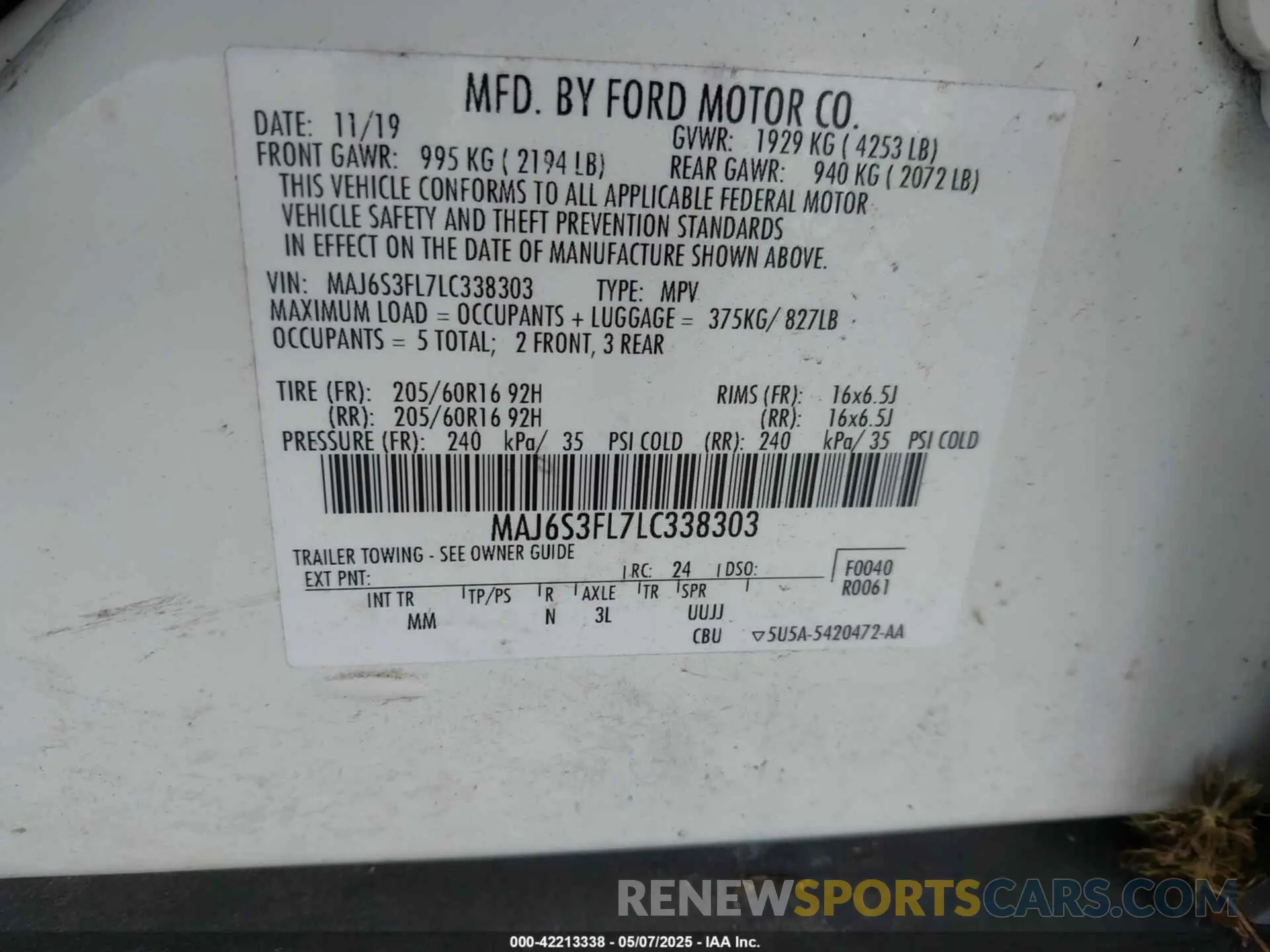 9 Photograph of a damaged car MAJ6S3FL7LC338303 FORD ECOSPORT 2020