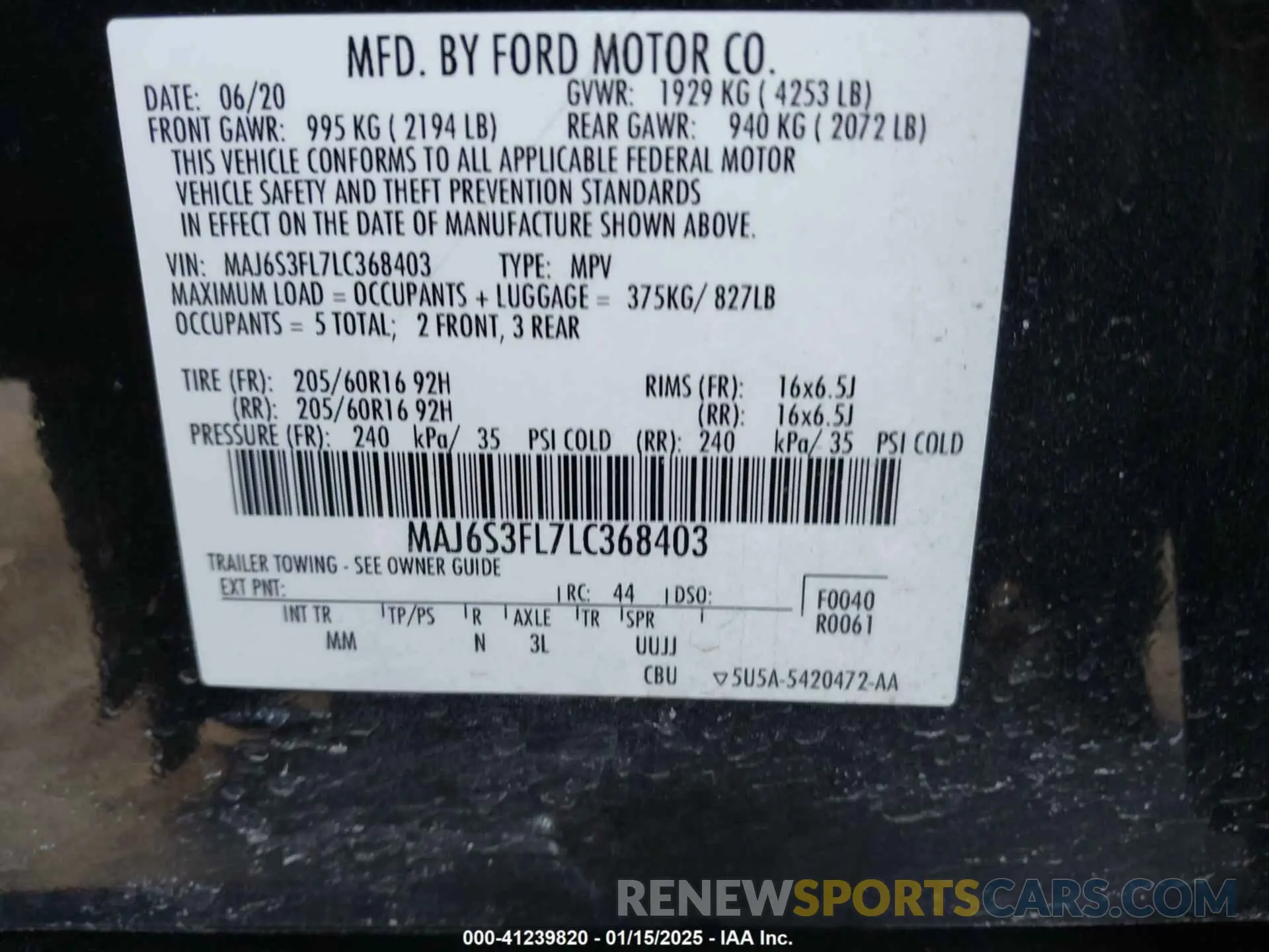 9 Photograph of a damaged car MAJ6S3FL7LC368403 FORD ECOSPORT 2020