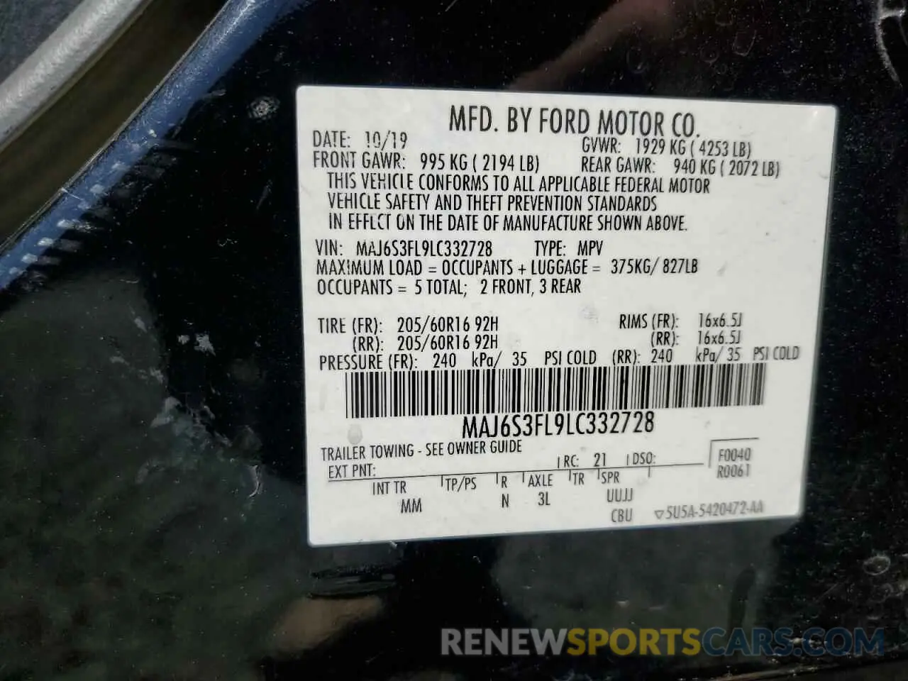 13 Photograph of a damaged car MAJ6S3FL9LC332728 FORD ECOSPORT 2020