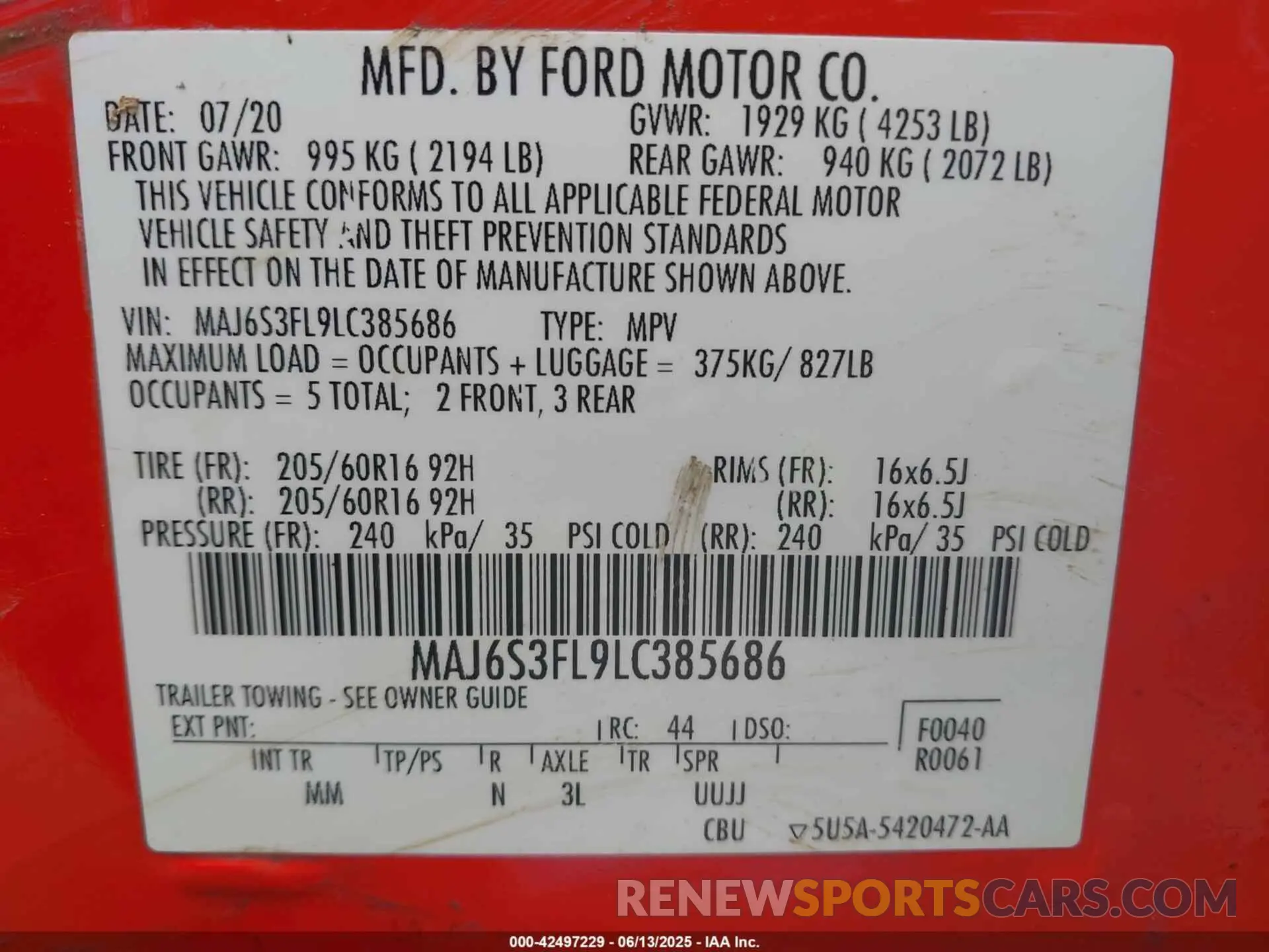9 Photograph of a damaged car MAJ6S3FL9LC385686 FORD ECOSPORT 2020