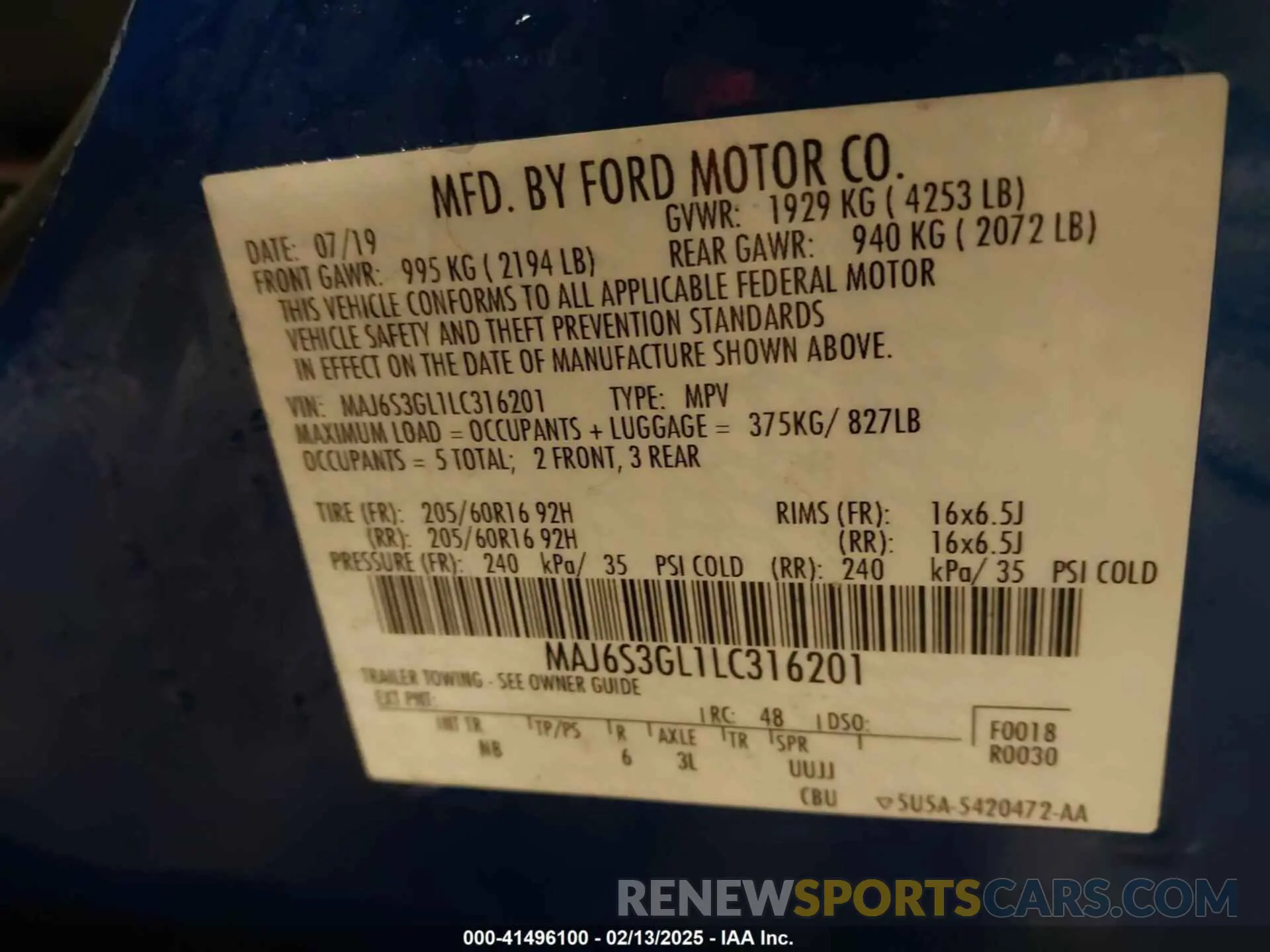 9 Photograph of a damaged car MAJ6S3GL1LC316201 FORD ECOSPORT 2020