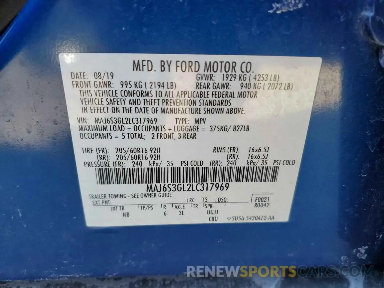 14 Photograph of a damaged car MAJ6S3GL2LC317969 FORD ECOSPORT 2020
