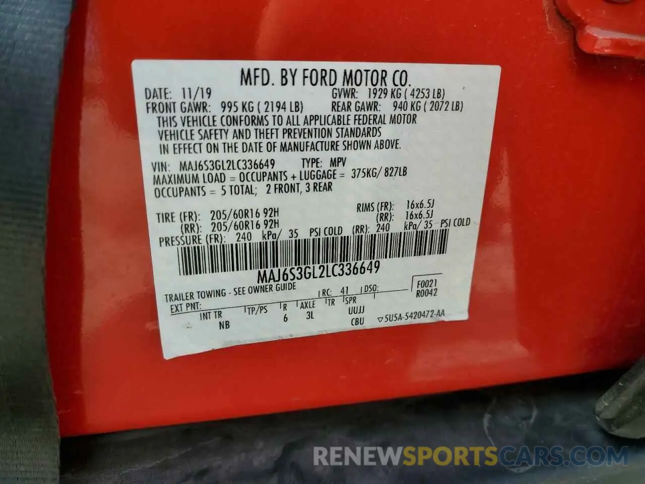 13 Photograph of a damaged car MAJ6S3GL2LC336649 FORD ECOSPORT 2020