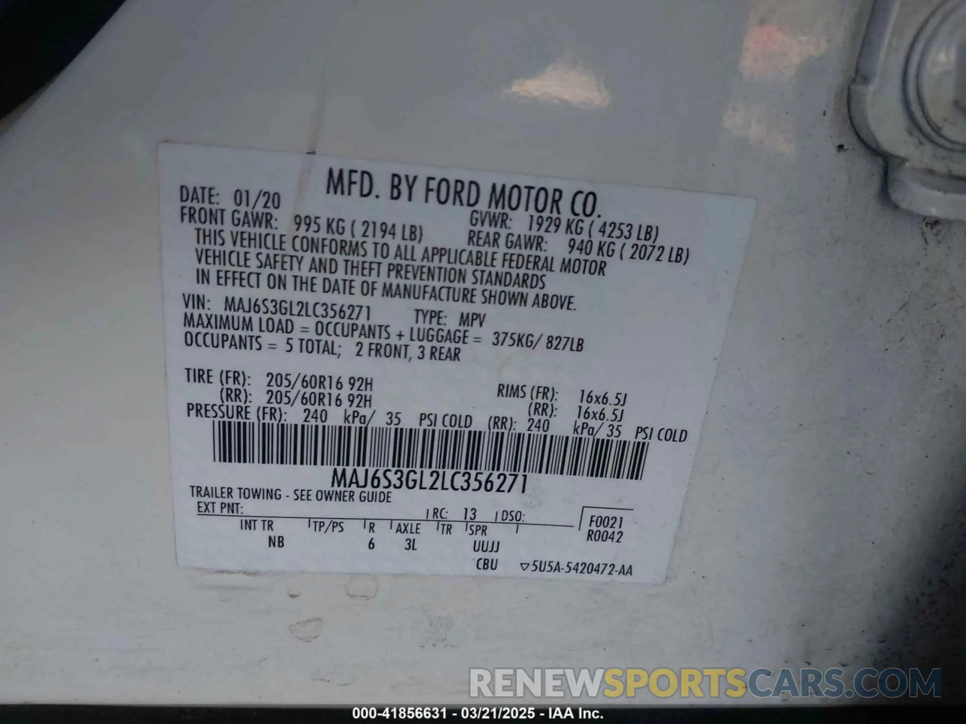 9 Photograph of a damaged car MAJ6S3GL2LC356271 FORD ECOSPORT 2020