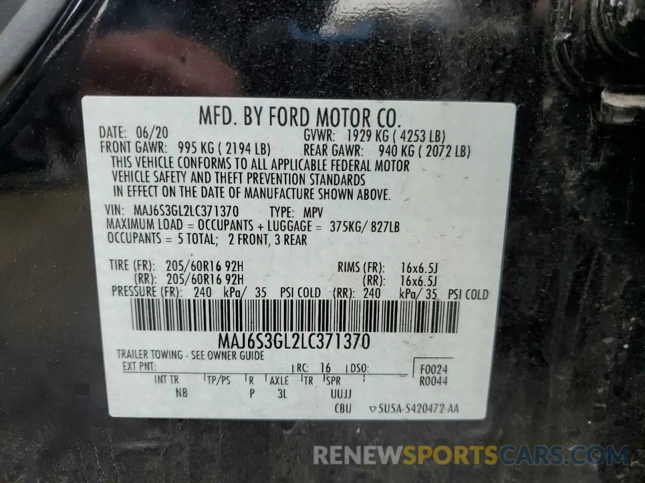 13 Photograph of a damaged car MAJ6S3GL2LC371370 FORD ECOSPORT 2020