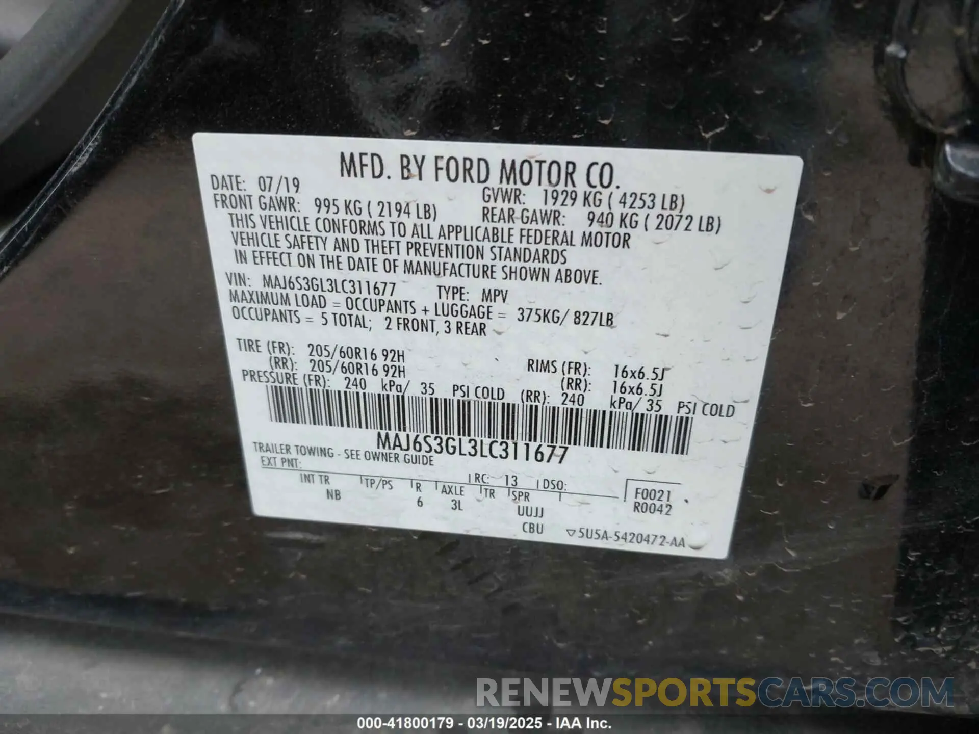 9 Photograph of a damaged car MAJ6S3GL3LC311677 FORD ECOSPORT 2020