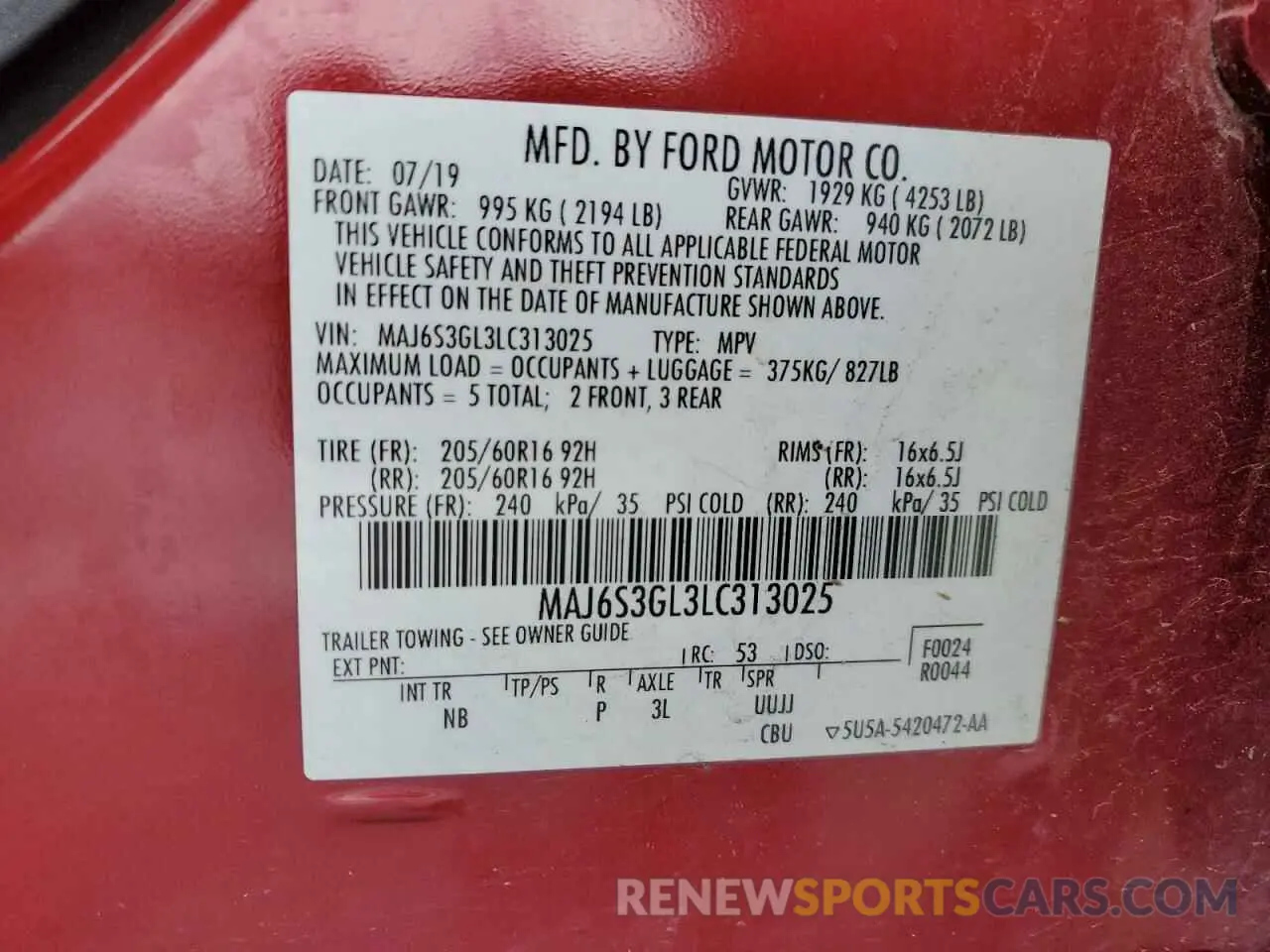 13 Photograph of a damaged car MAJ6S3GL3LC313025 FORD ECOSPORT 2020