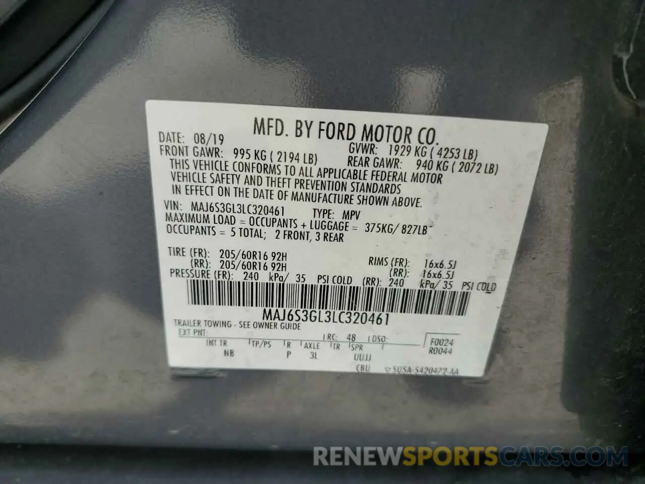 14 Photograph of a damaged car MAJ6S3GL3LC320461 FORD ECOSPORT 2020