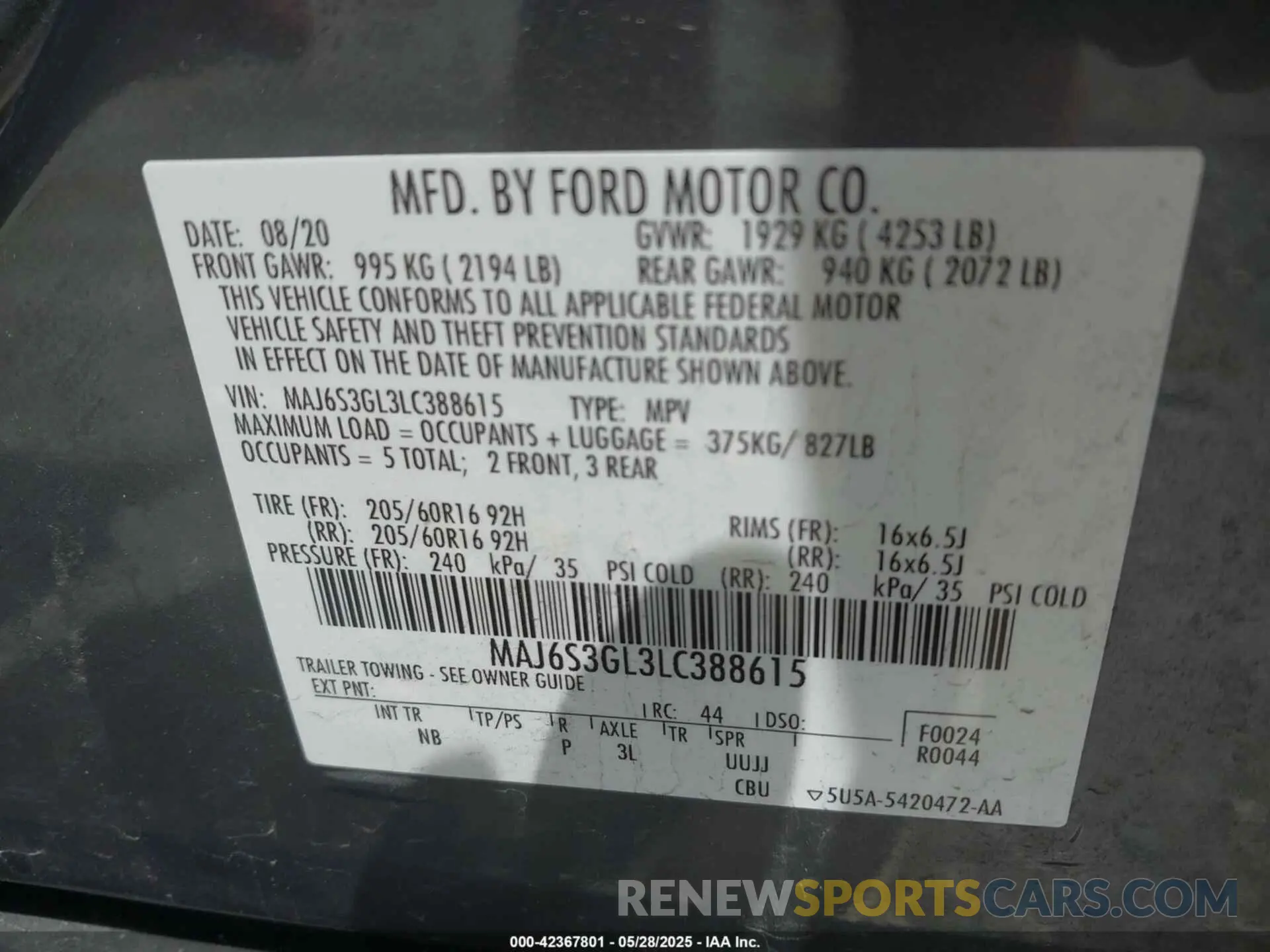 9 Photograph of a damaged car MAJ6S3GL3LC388615 FORD ECOSPORT 2020