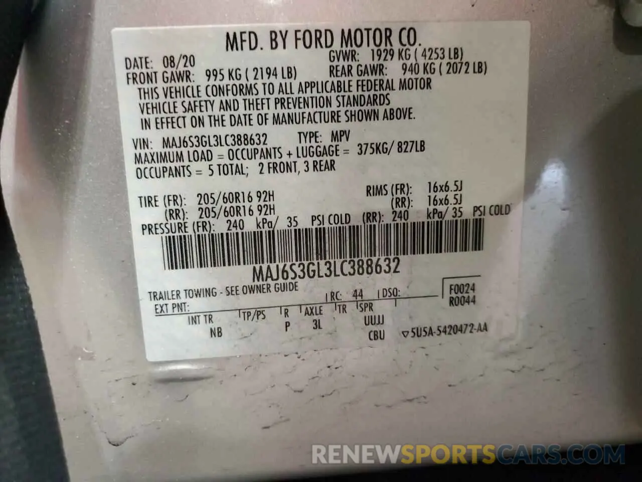 12 Photograph of a damaged car MAJ6S3GL3LC388632 FORD ECOSPORT 2020