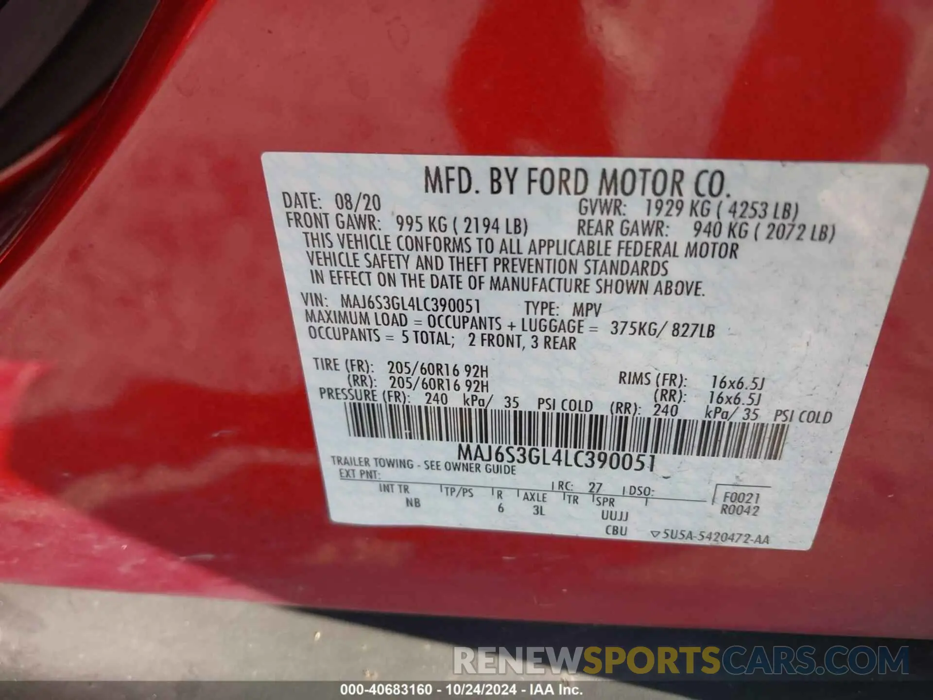 9 Photograph of a damaged car MAJ6S3GL4LC390051 FORD ECOSPORT 2020