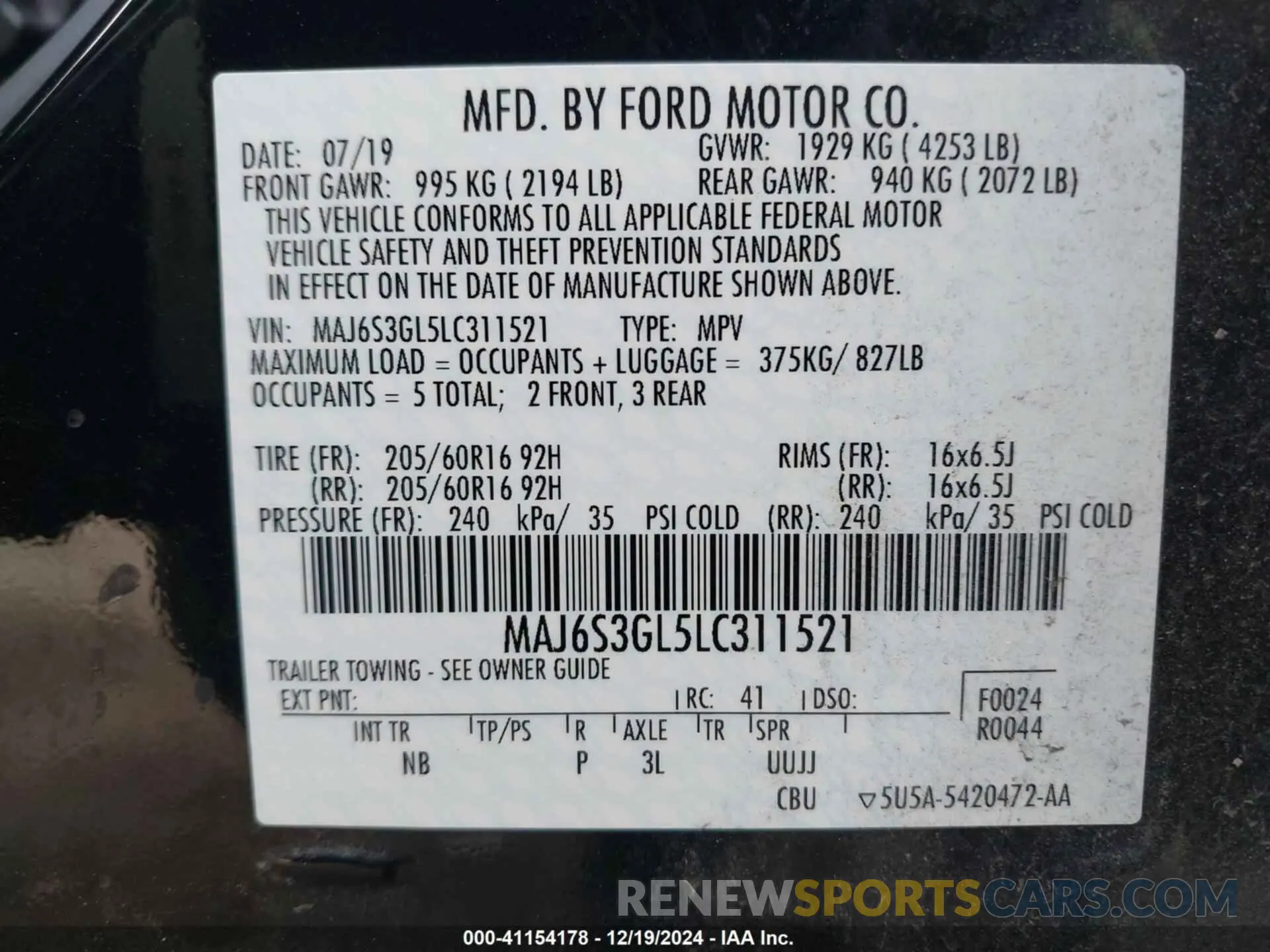 9 Photograph of a damaged car MAJ6S3GL5LC311521 FORD ECOSPORT 2020