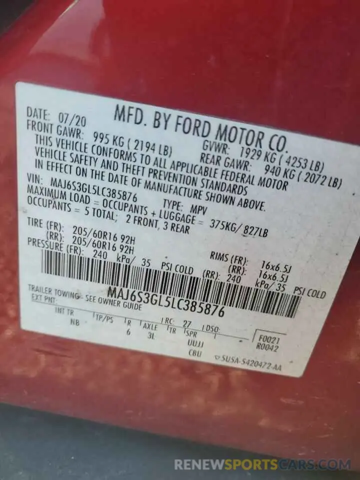 13 Photograph of a damaged car MAJ6S3GL5LC385876 FORD ECOSPORT 2020