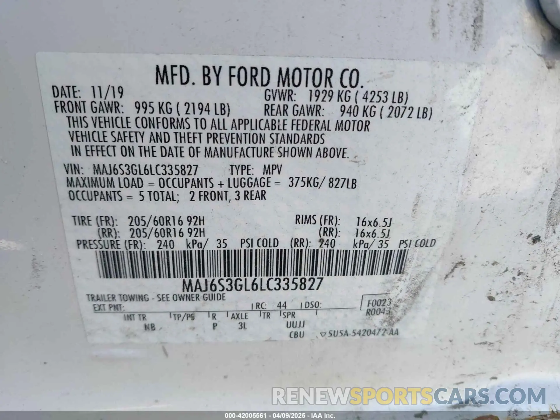 9 Photograph of a damaged car MAJ6S3GL6LC335827 FORD ECOSPORT 2020