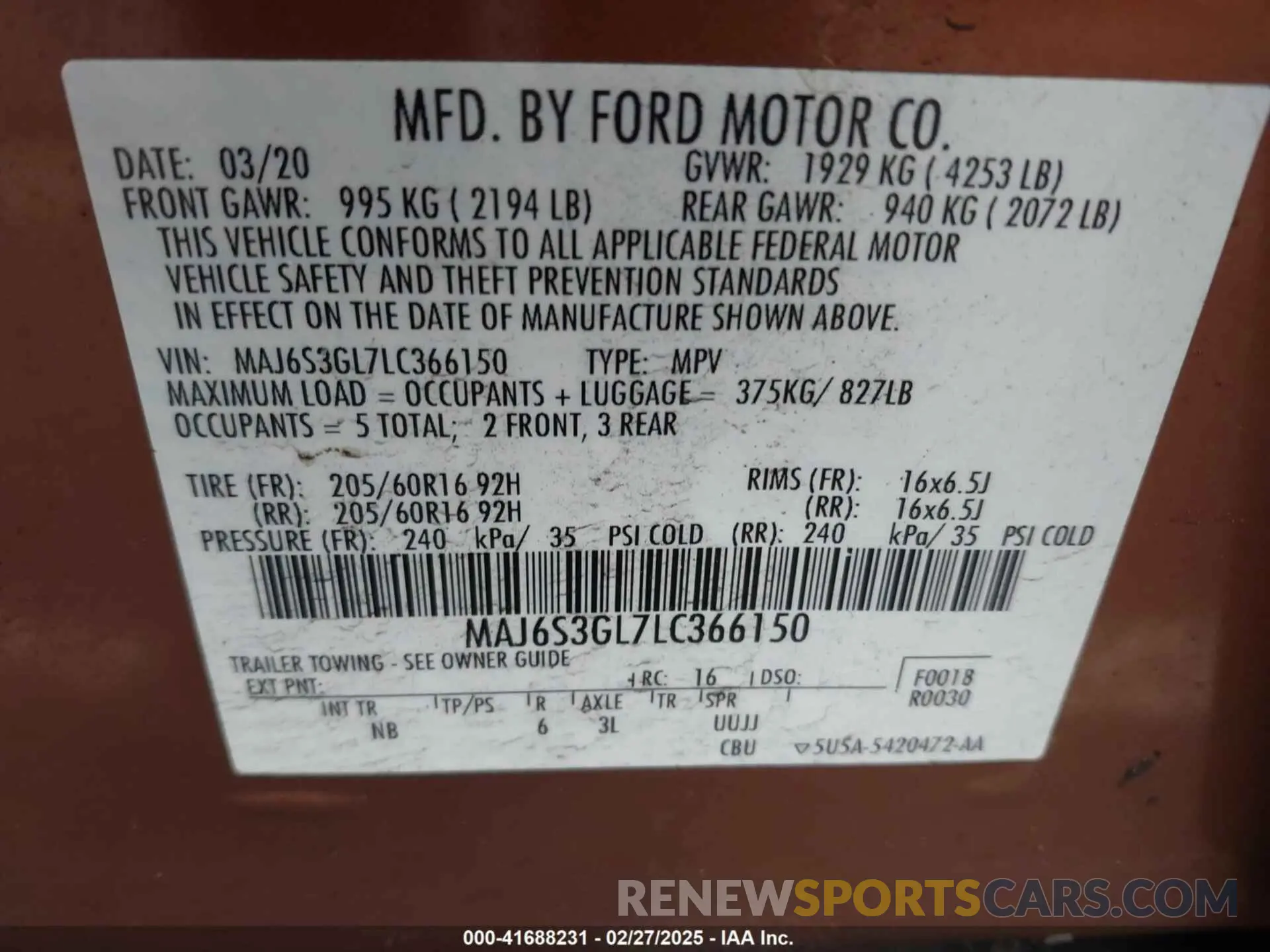 9 Photograph of a damaged car MAJ6S3GL7LC366150 FORD ECOSPORT 2020