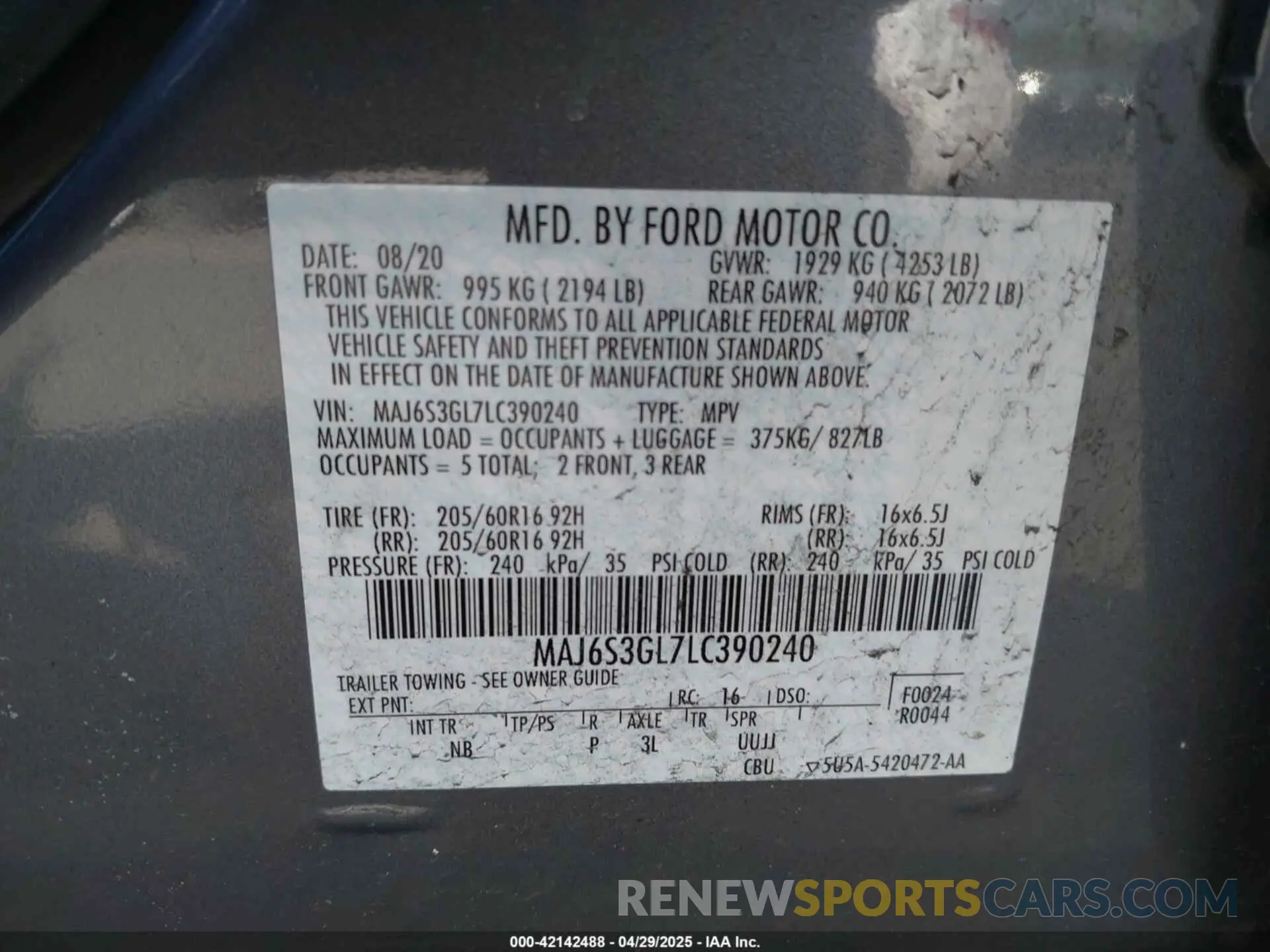 9 Photograph of a damaged car MAJ6S3GL7LC390240 FORD ECOSPORT 2020