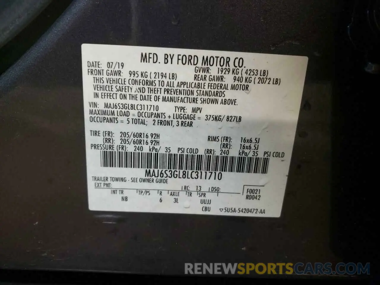 12 Photograph of a damaged car MAJ6S3GL8LC311710 FORD ECOSPORT 2020