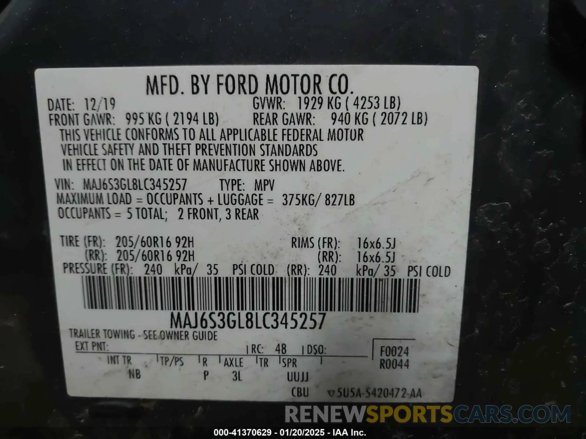 9 Photograph of a damaged car MAJ6S3GL8LC345257 FORD ECOSPORT 2020