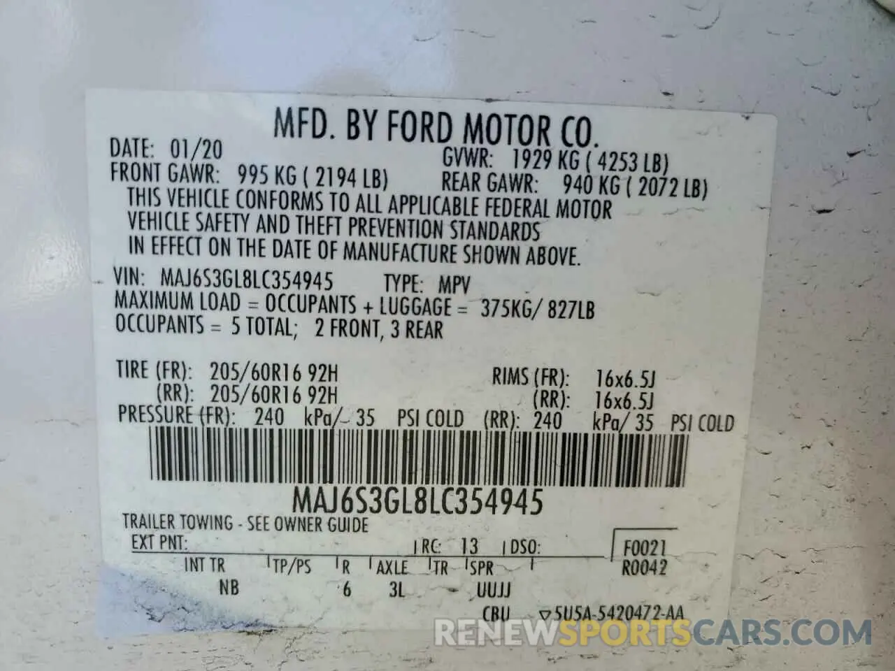 15 Photograph of a damaged car MAJ6S3GL8LC354945 FORD ECOSPORT 2020