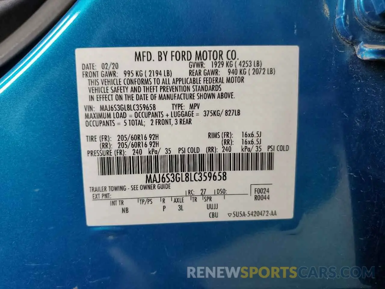 13 Photograph of a damaged car MAJ6S3GL8LC359658 FORD ECOSPORT 2020