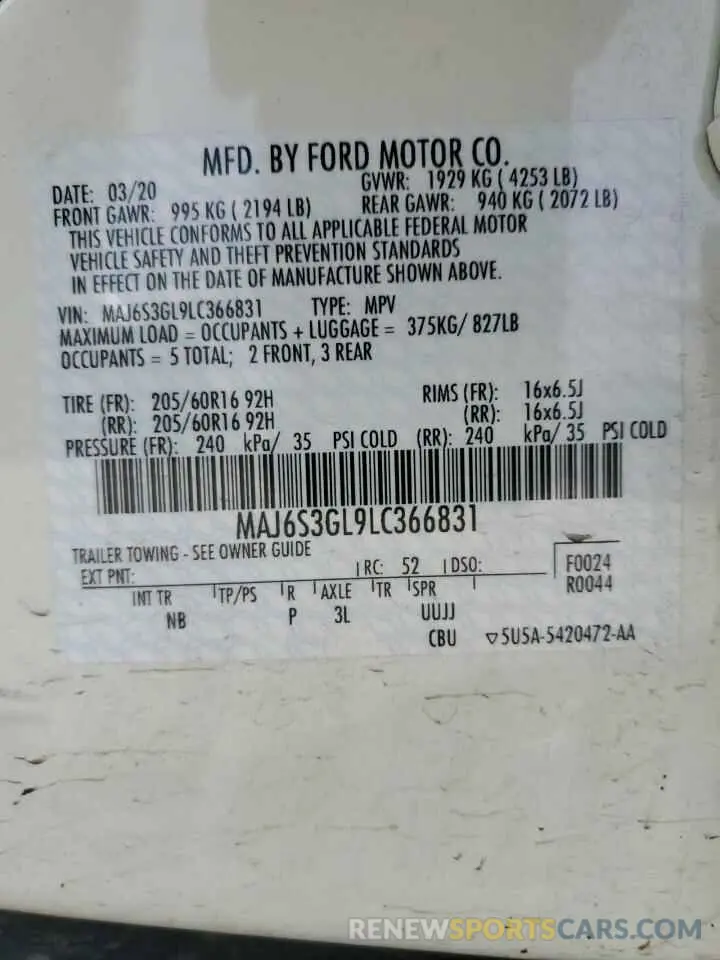 12 Photograph of a damaged car MAJ6S3GL9LC366831 FORD ECOSPORT 2020