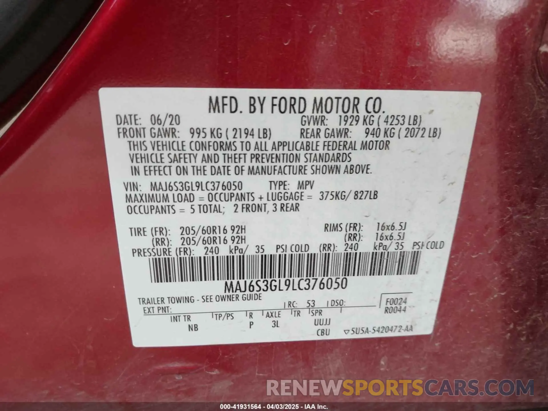 9 Photograph of a damaged car MAJ6S3GL9LC376050 FORD ECOSPORT 2020
