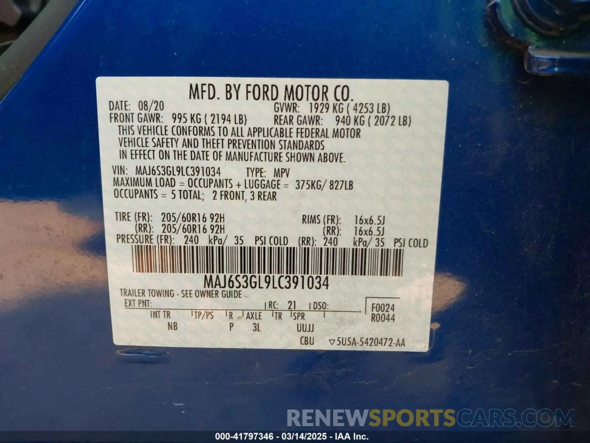 9 Photograph of a damaged car MAJ6S3GL9LC391034 FORD ECOSPORT 2020
