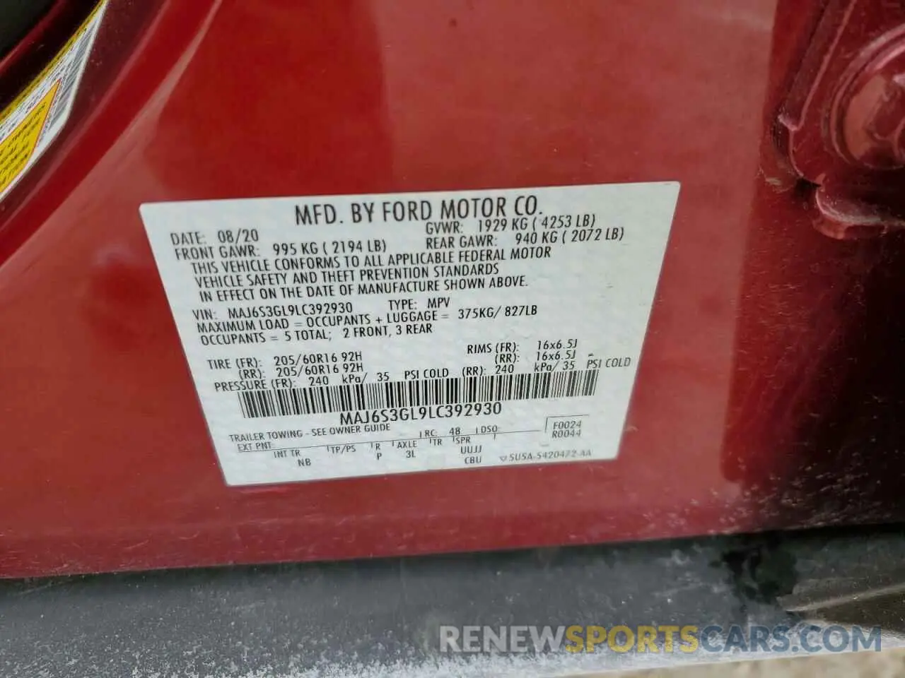 13 Photograph of a damaged car MAJ6S3GL9LC392930 FORD ECOSPORT 2020