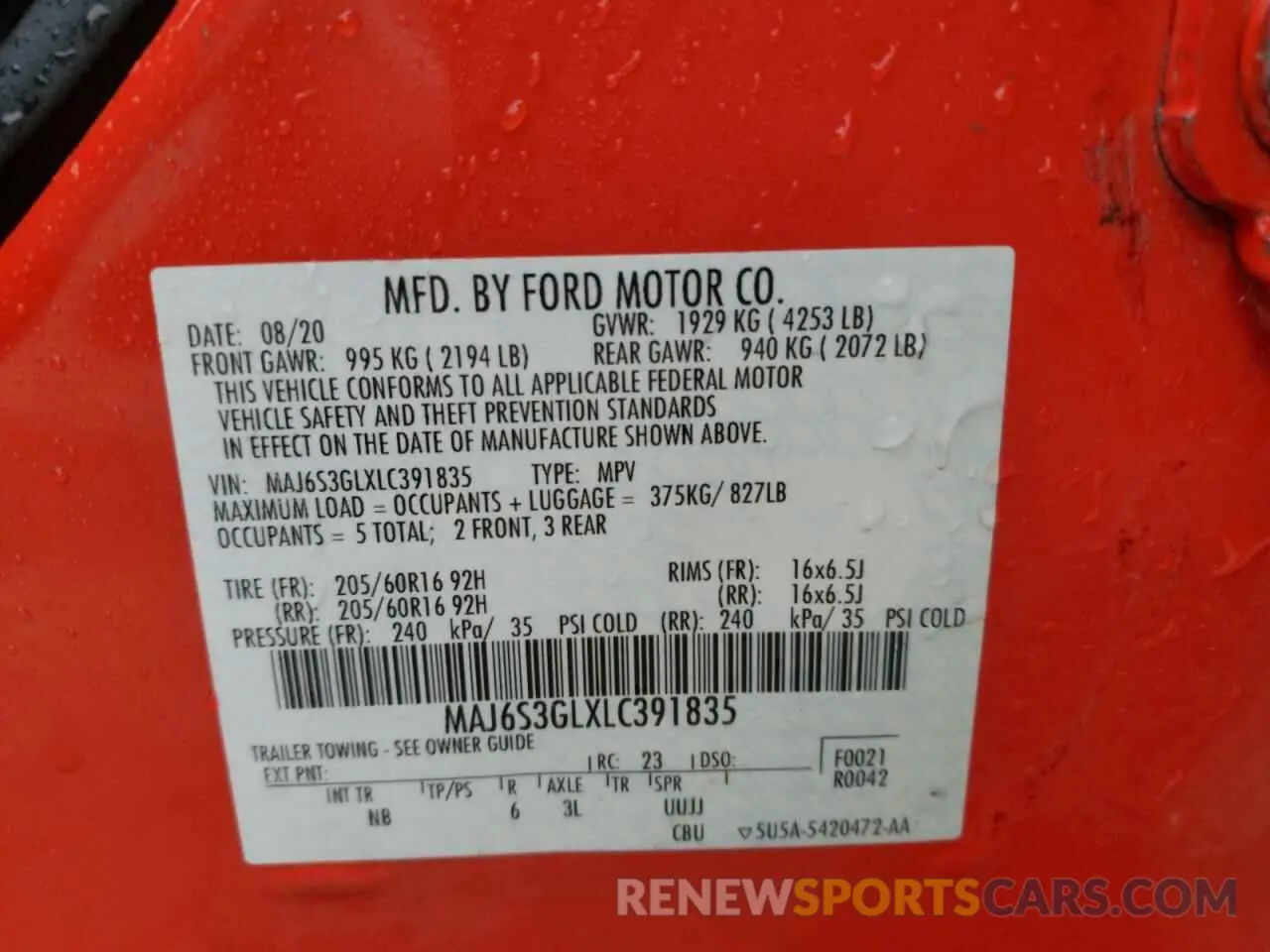 12 Photograph of a damaged car MAJ6S3GLXLC391835 FORD ECOSPORT 2020