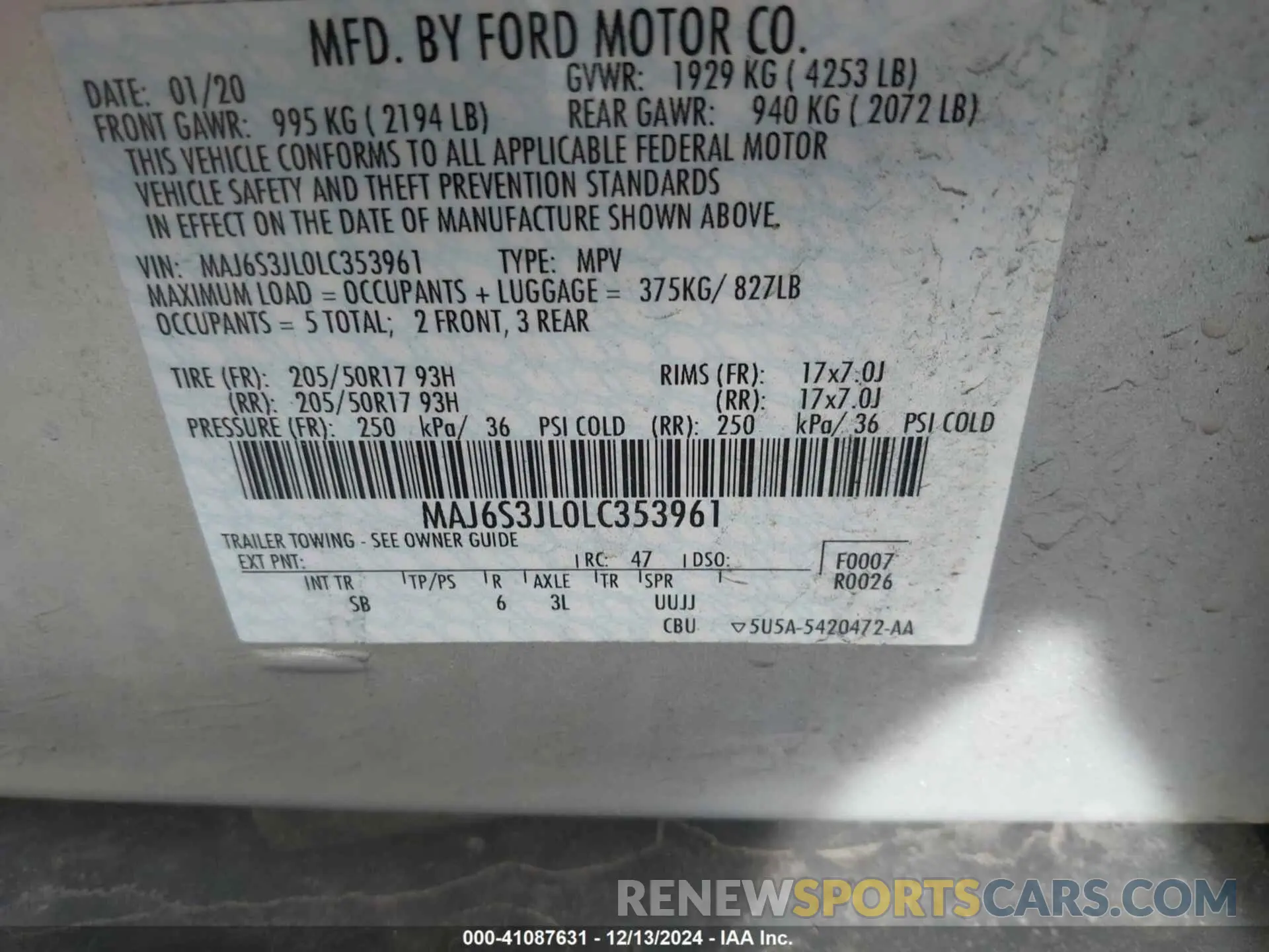 8 Photograph of a damaged car MAJ6S3JL0LC353961 FORD ECOSPORT 2020