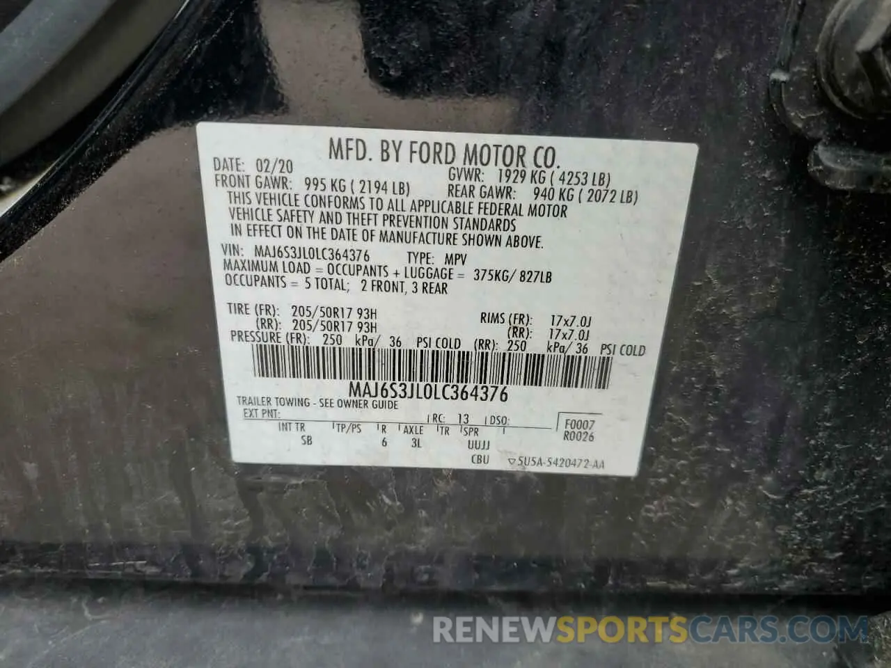 13 Photograph of a damaged car MAJ6S3JL0LC364376 FORD ECOSPORT 2020