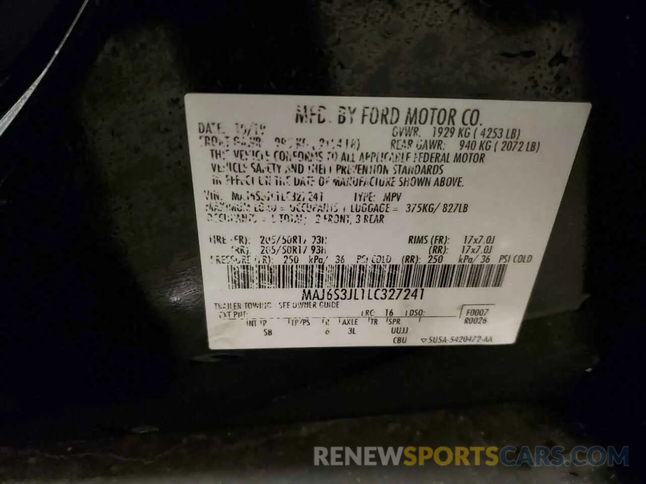 14 Photograph of a damaged car MAJ6S3JL1LC327241 FORD ECOSPORT 2020
