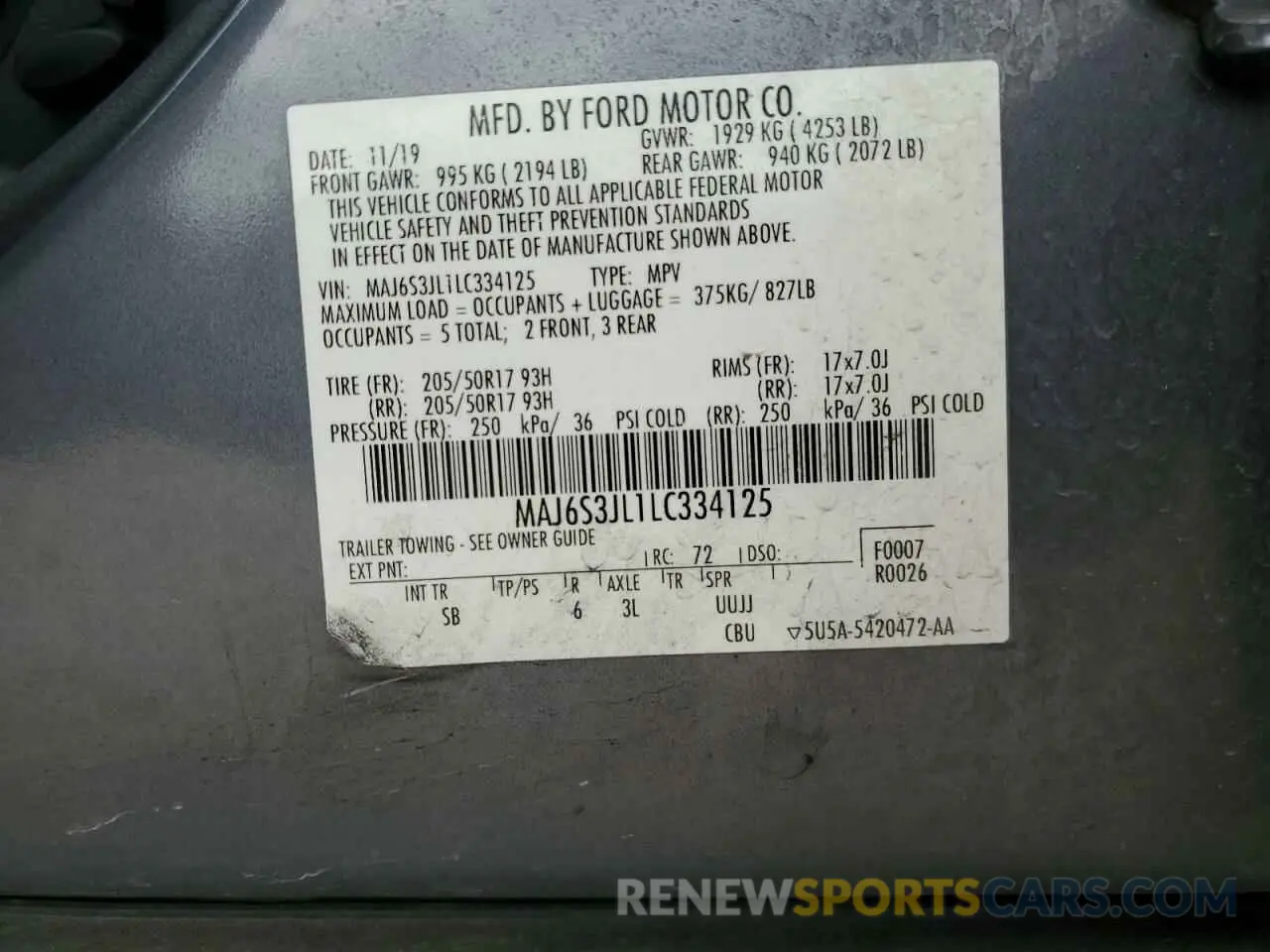 13 Photograph of a damaged car MAJ6S3JL1LC334125 FORD ECOSPORT 2020