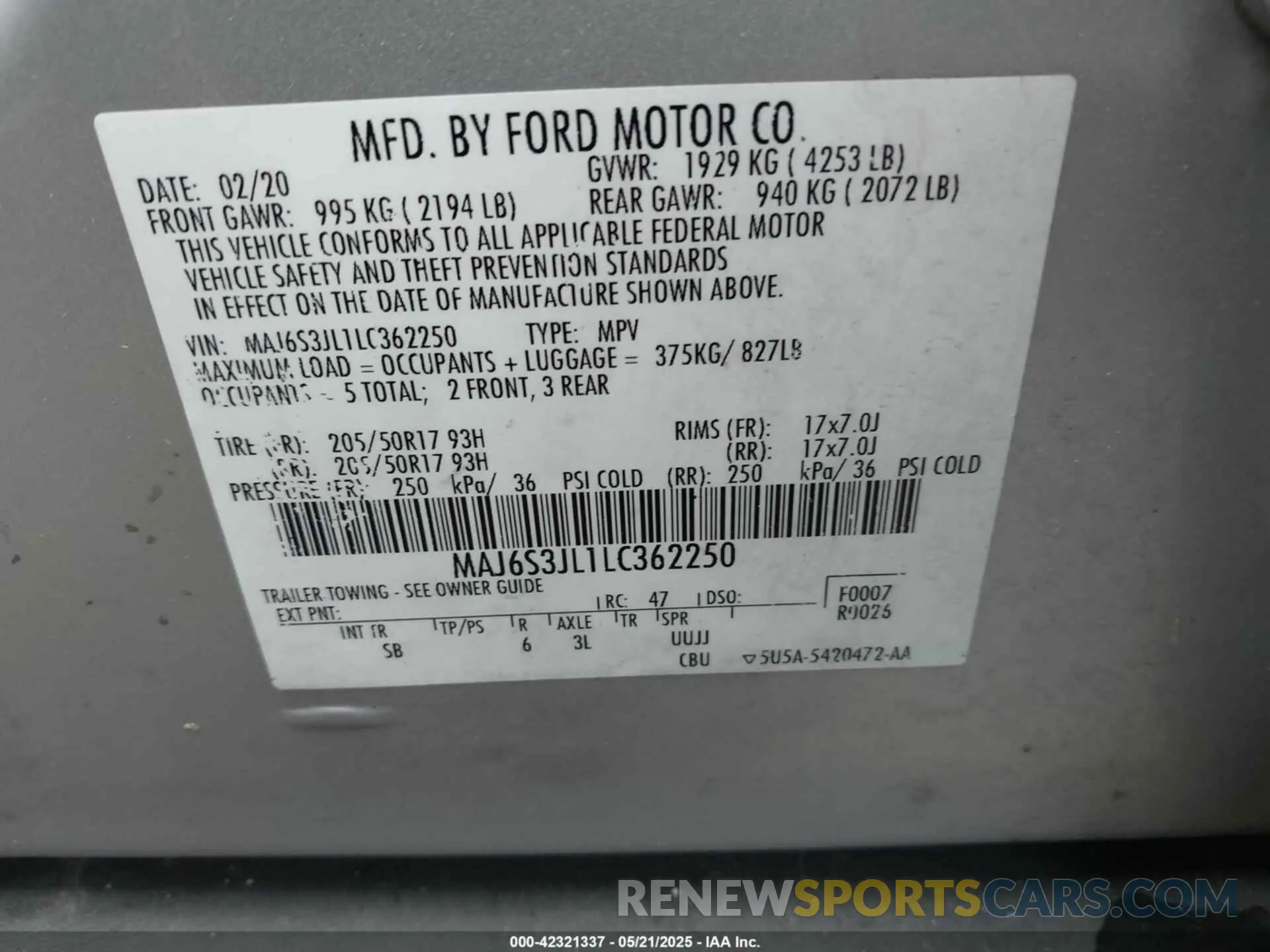 9 Photograph of a damaged car MAJ6S3JL1LC362250 FORD ECOSPORT 2020