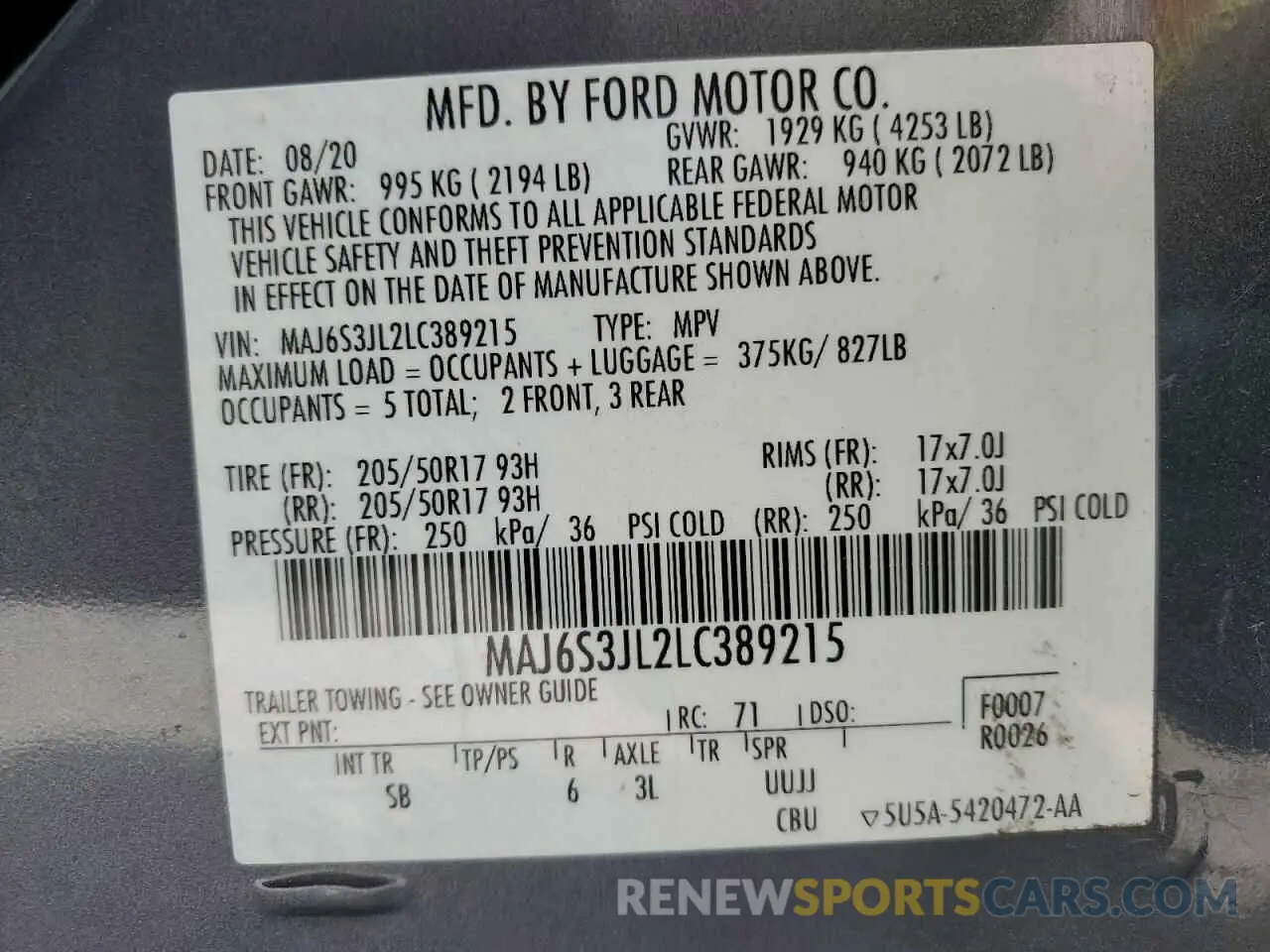 14 Photograph of a damaged car MAJ6S3JL2LC389215 FORD ECOSPORT 2020