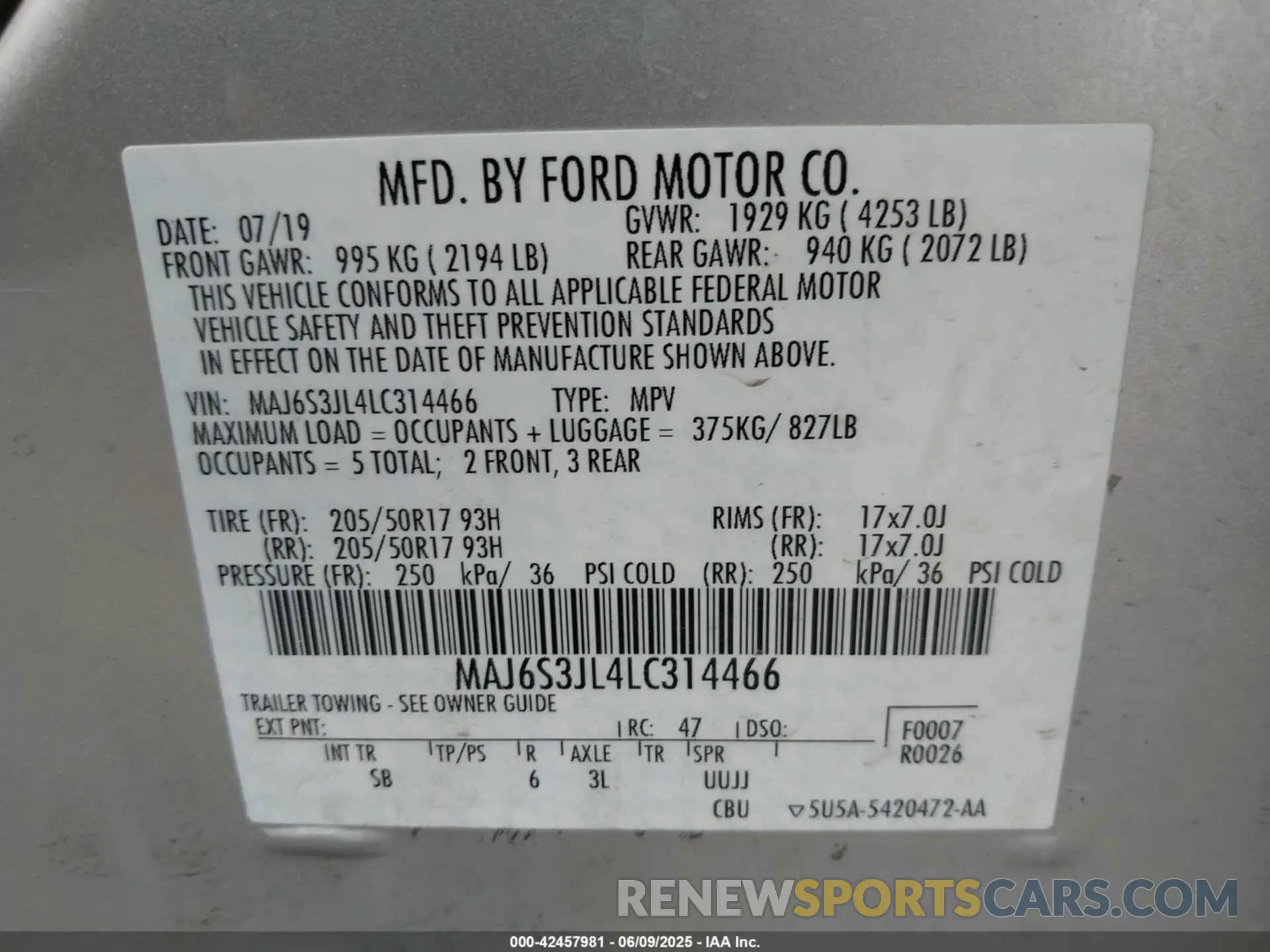 9 Photograph of a damaged car MAJ6S3JL4LC314466 FORD ECOSPORT 2020