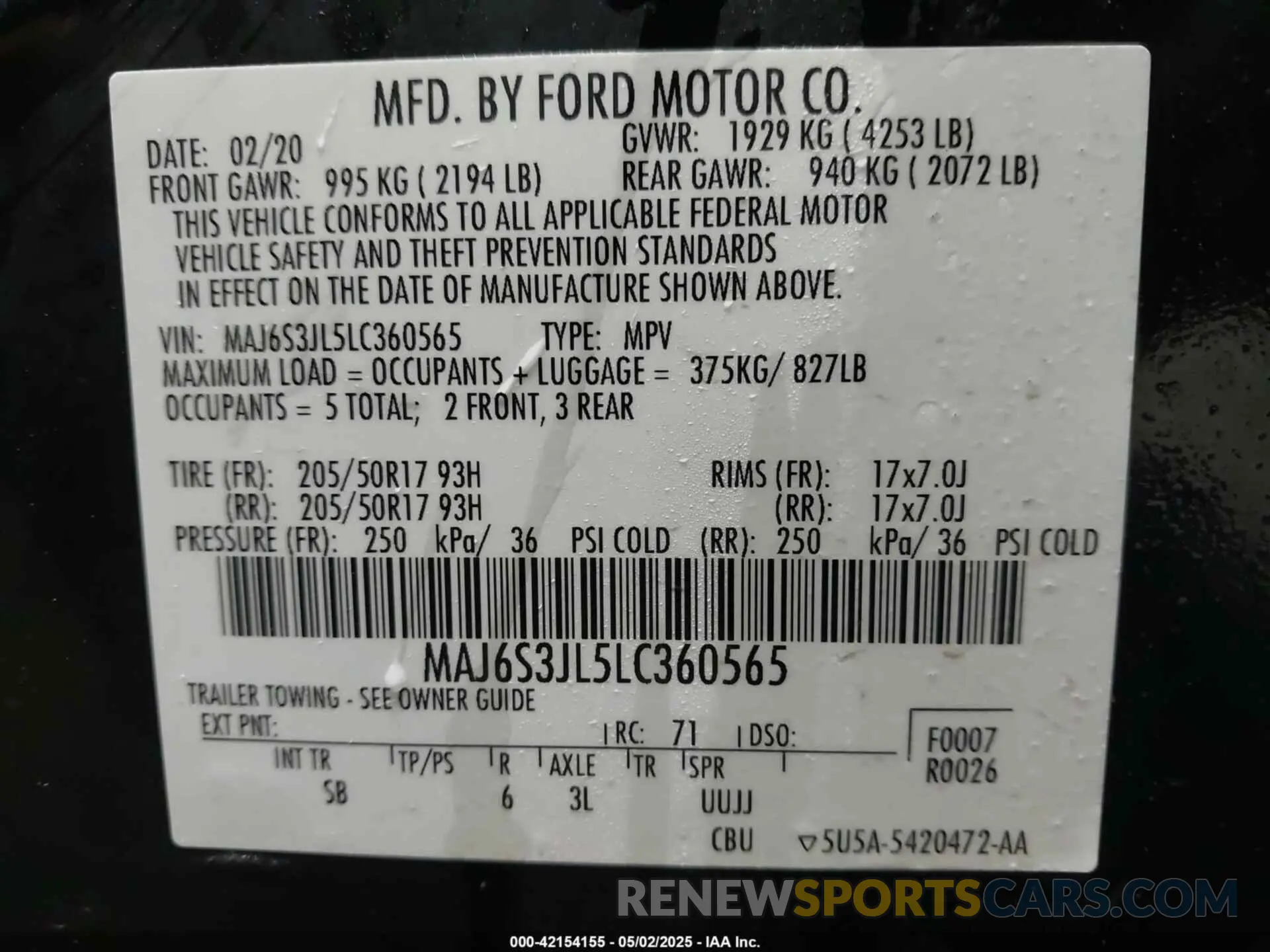 9 Photograph of a damaged car MAJ6S3JL5LC360565 FORD ECOSPORT 2020