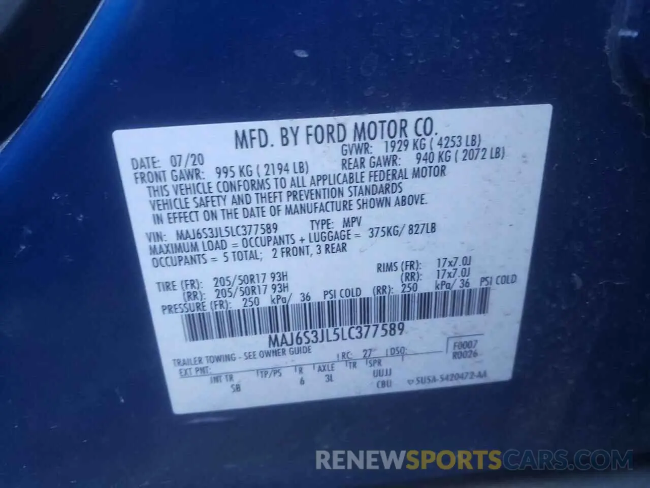 13 Photograph of a damaged car MAJ6S3JL5LC377589 FORD ECOSPORT 2020