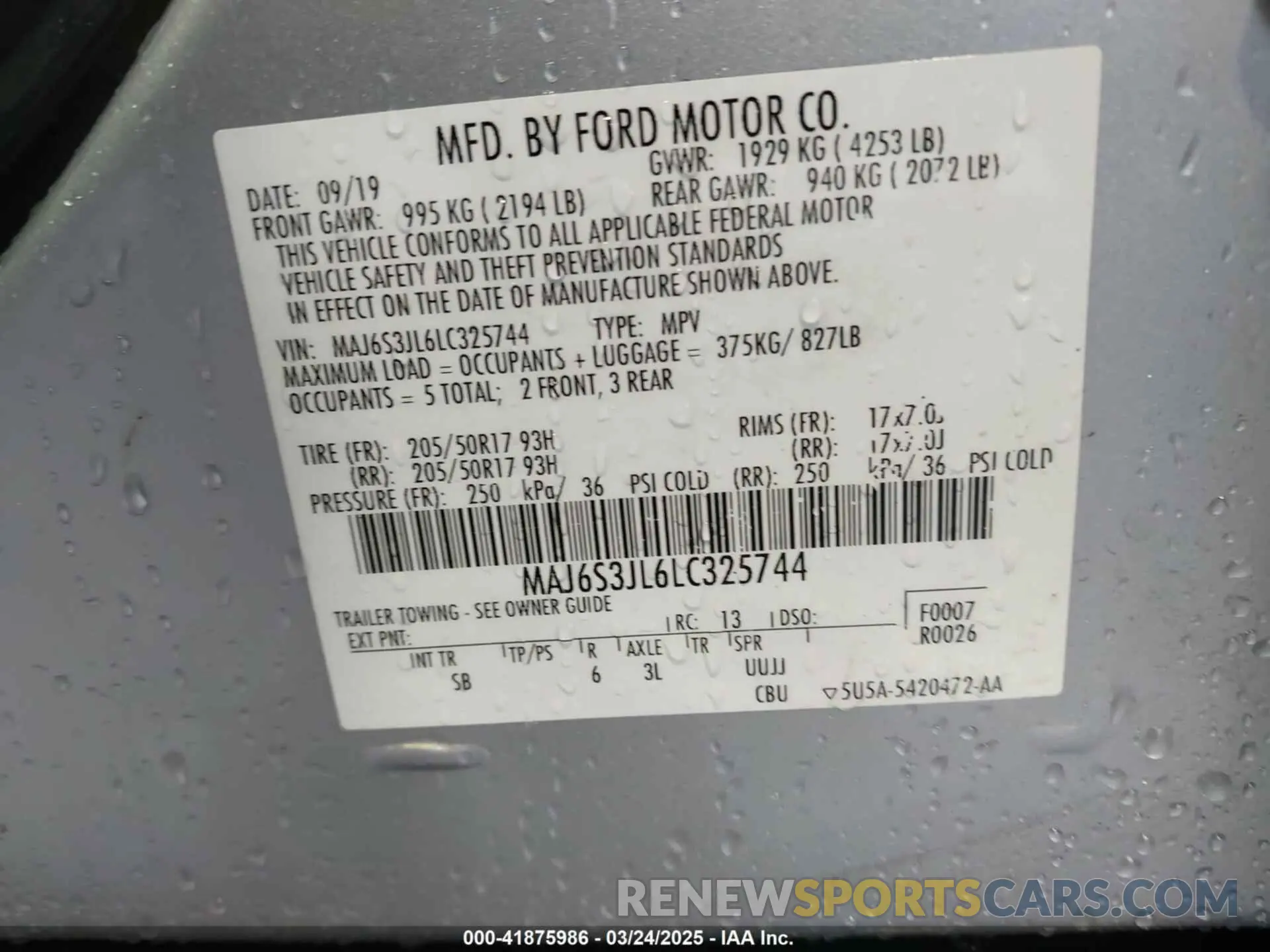 9 Photograph of a damaged car MAJ6S3JL6LC325744 FORD ECOSPORT 2020