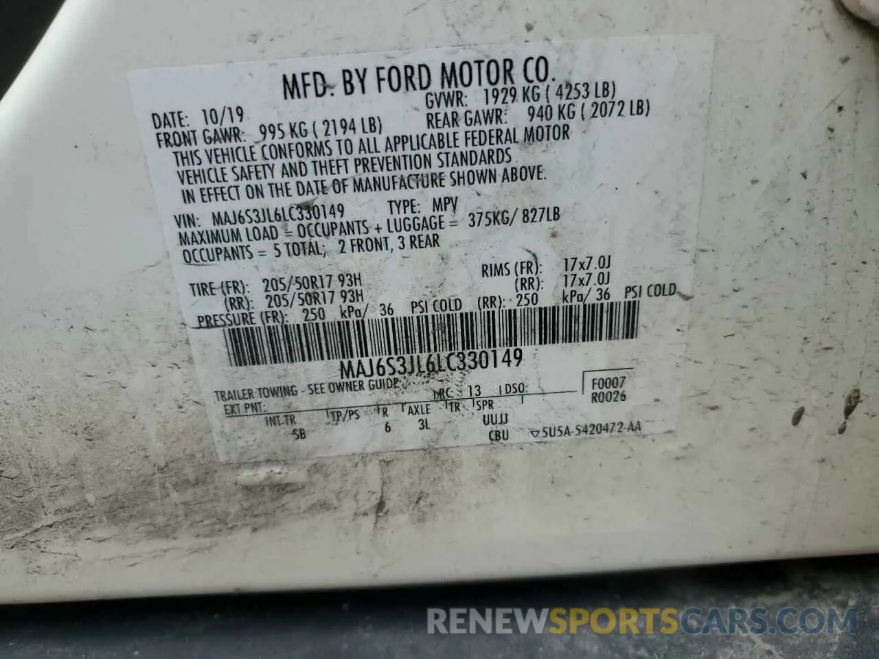 13 Photograph of a damaged car MAJ6S3JL6LC330149 FORD ECOSPORT 2020
