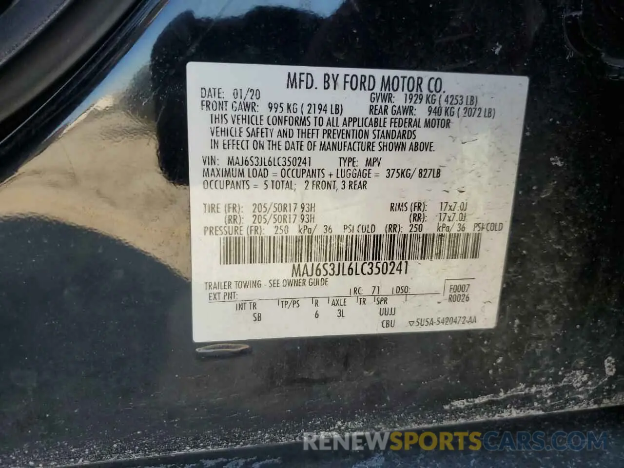 15 Photograph of a damaged car MAJ6S3JL6LC350241 FORD ECOSPORT 2020