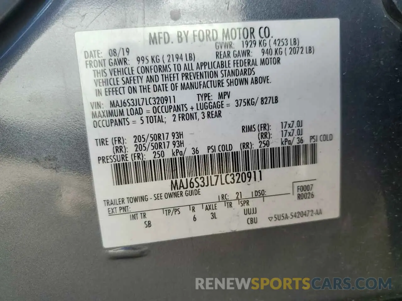 13 Photograph of a damaged car MAJ6S3JL7LC320911 FORD ECOSPORT 2020