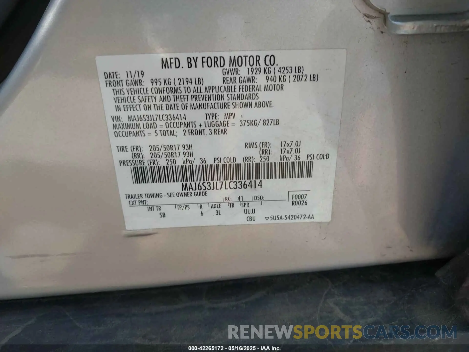 9 Photograph of a damaged car MAJ6S3JL7LC336414 FORD ECOSPORT 2020
