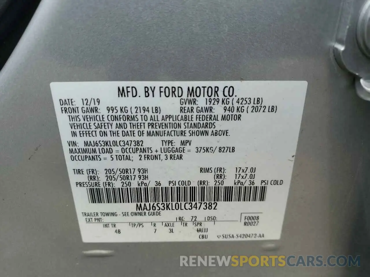 14 Photograph of a damaged car MAJ6S3KL0LC347382 FORD ECOSPORT 2020
