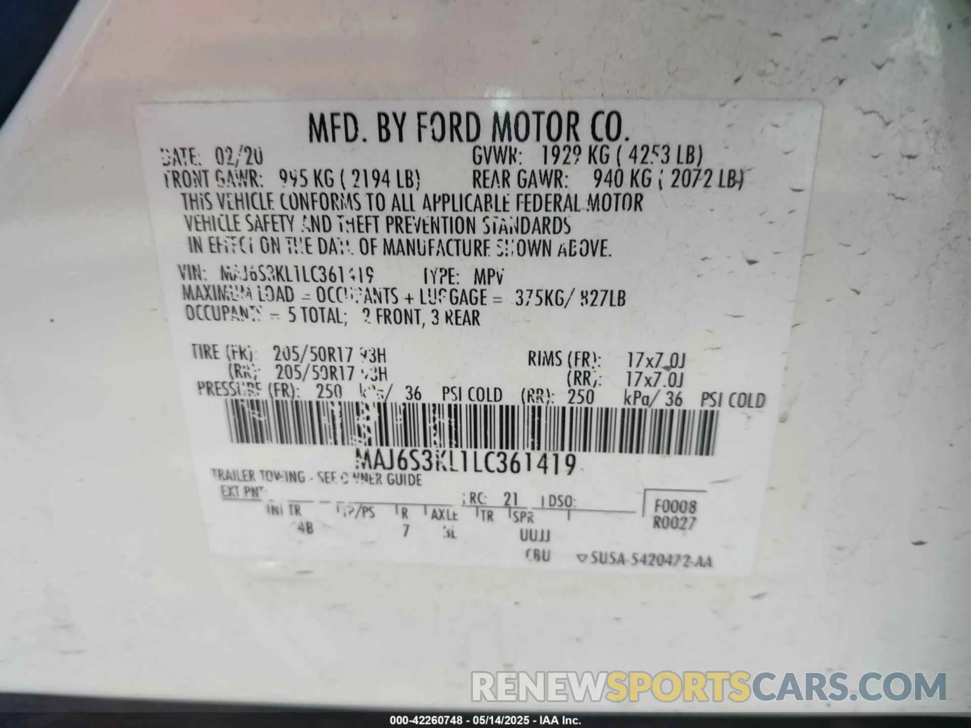 9 Photograph of a damaged car MAJ6S3KL1LC361419 FORD ECOSPORT 2020