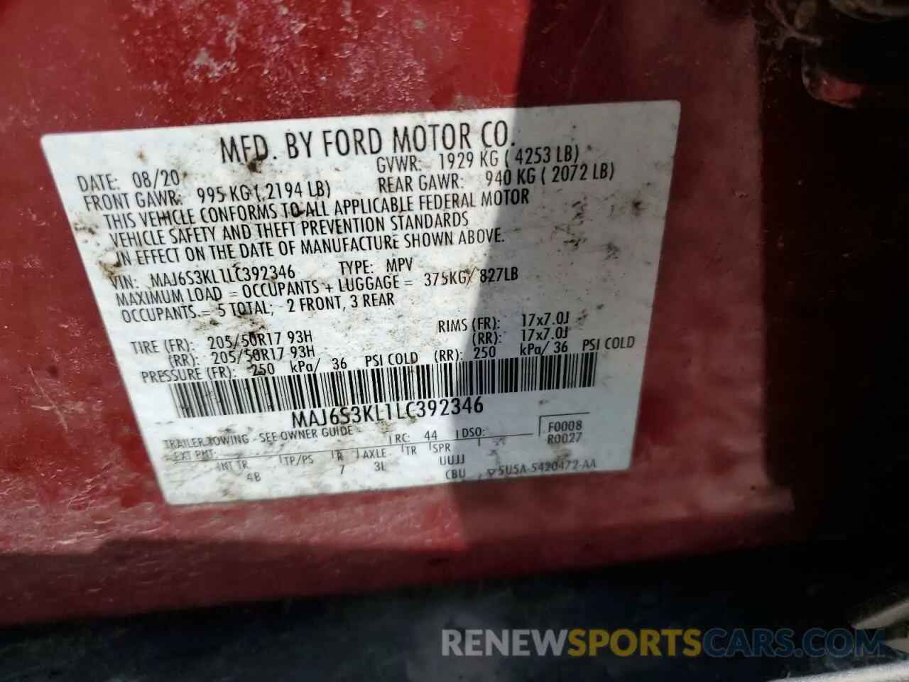 15 Photograph of a damaged car MAJ6S3KL1LC392346 FORD ECOSPORT 2020