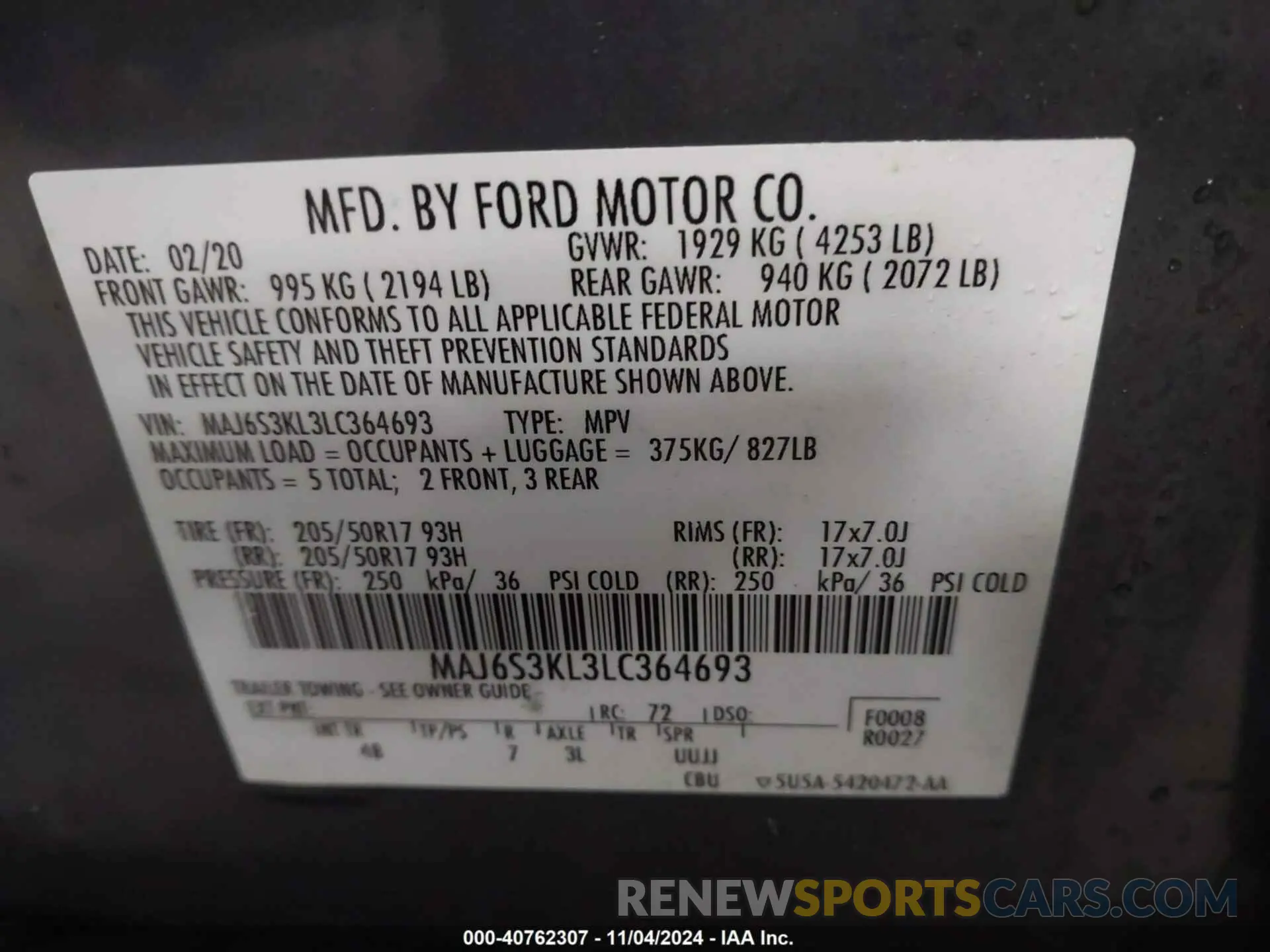 9 Photograph of a damaged car MAJ6S3KL3LC364693 FORD ECOSPORT 2020