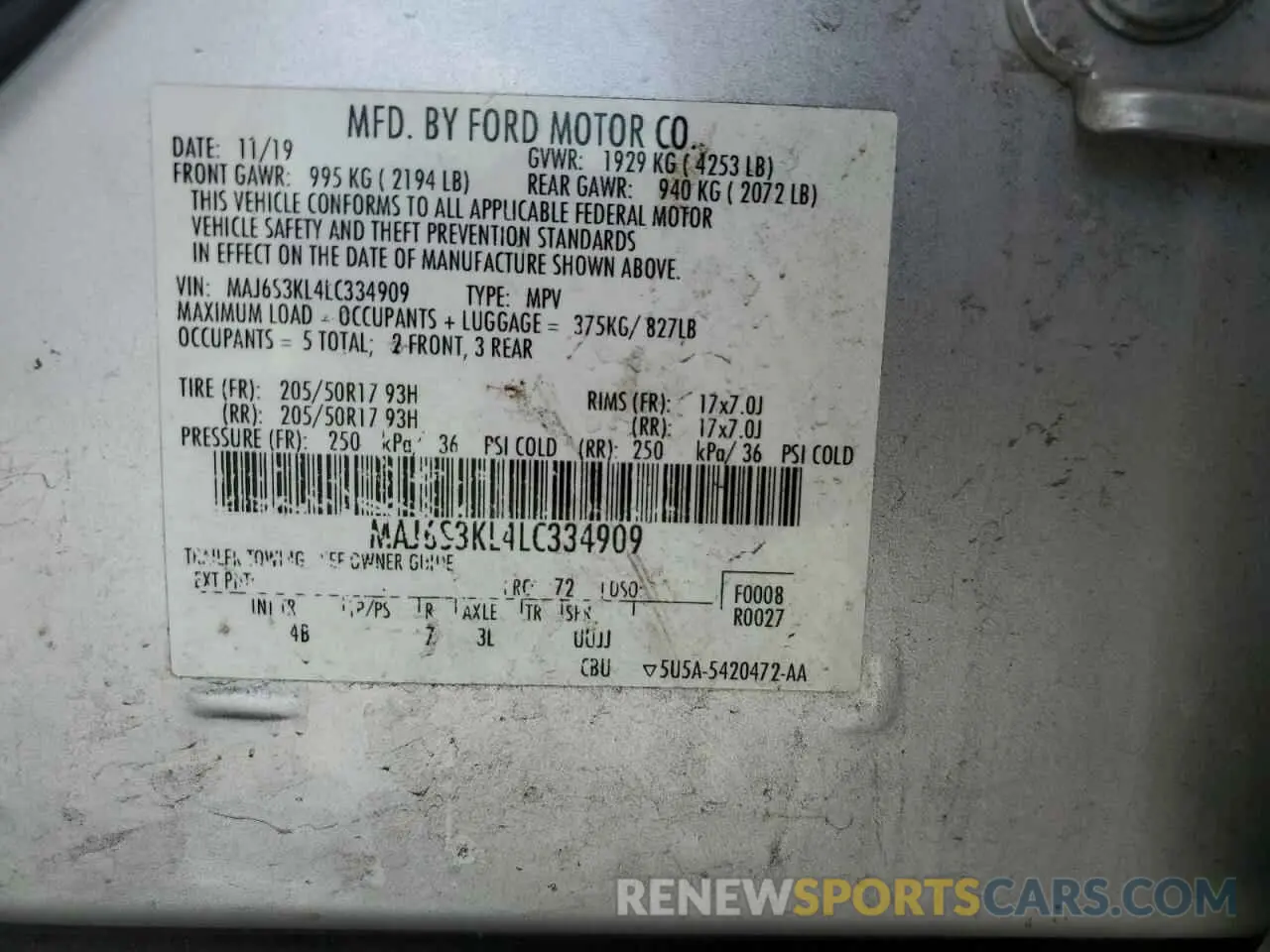 12 Photograph of a damaged car MAJ6S3KL4LC334909 FORD ECOSPORT 2020